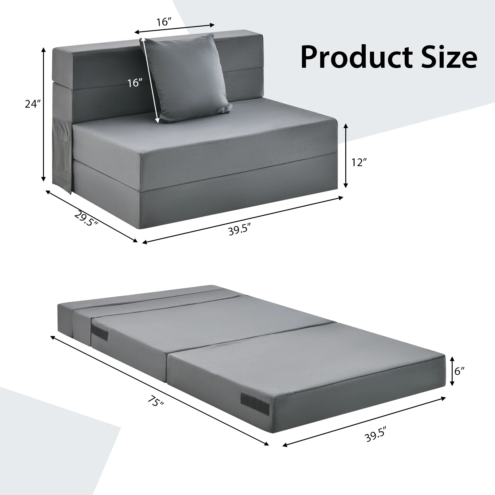 6 Inch Tri-Fold Sofa Bed, Folding Mattress With Pillow, Dark Gray - Image 6