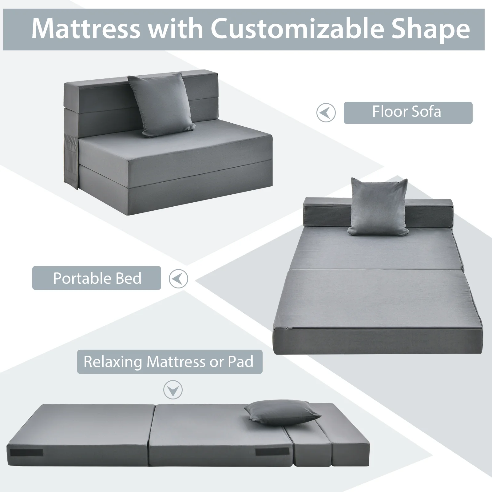 6 Inch Tri-Fold Sofa Bed, Folding Mattress With Pillow, Dark Gray - Image 8