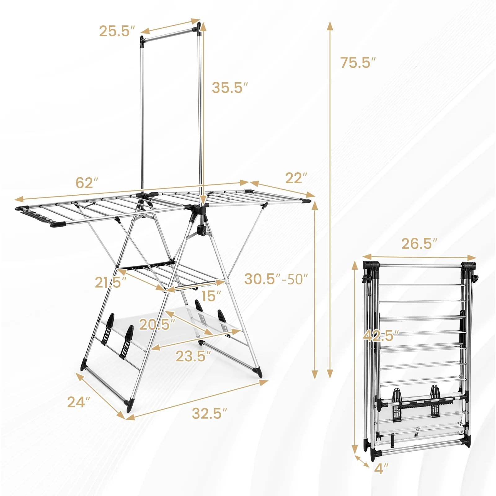 6-Level Adjustable Height Clothes Drying Rack, Silver - Image 6