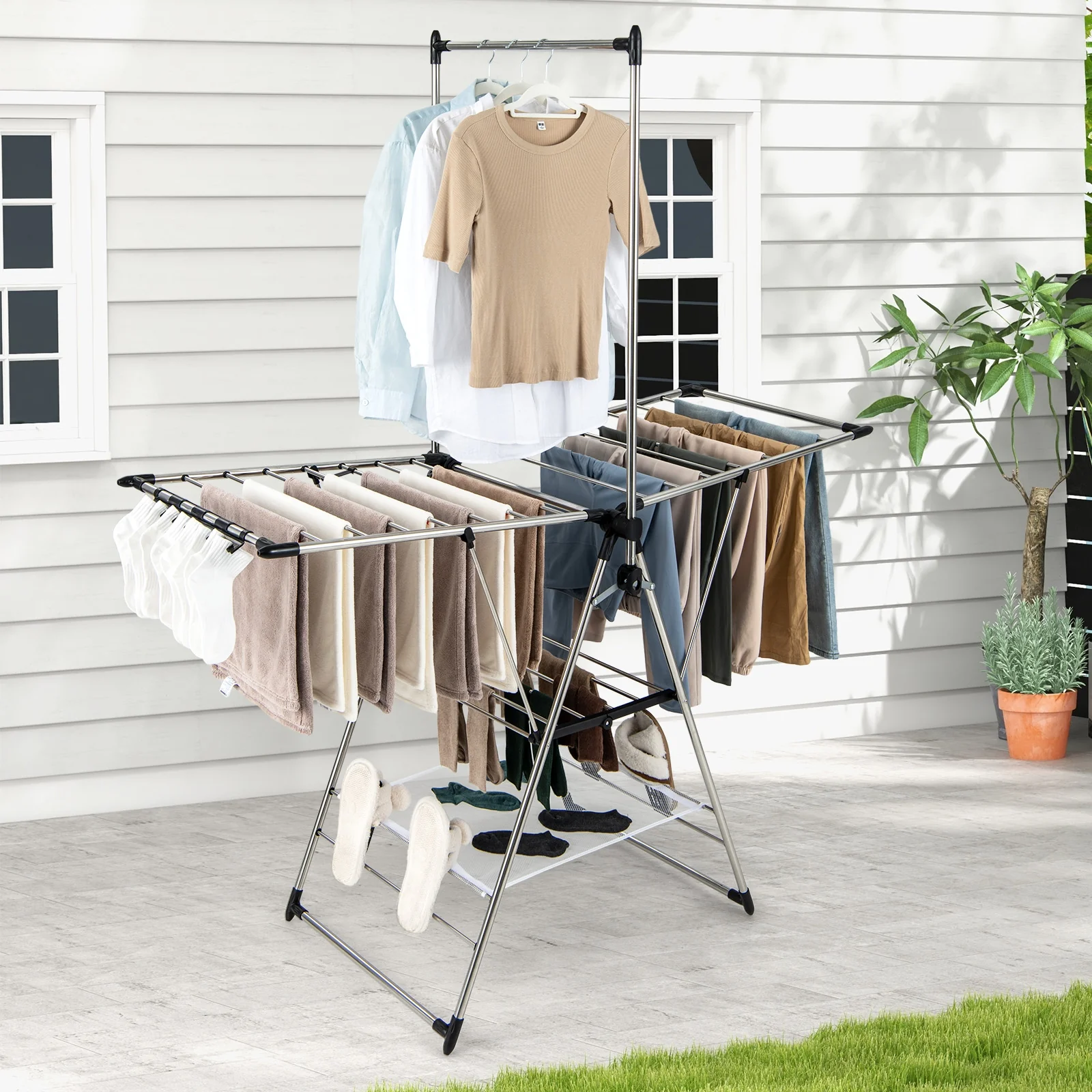 6-Level Adjustable Height Clothes Drying Rack, Silver - Image 7