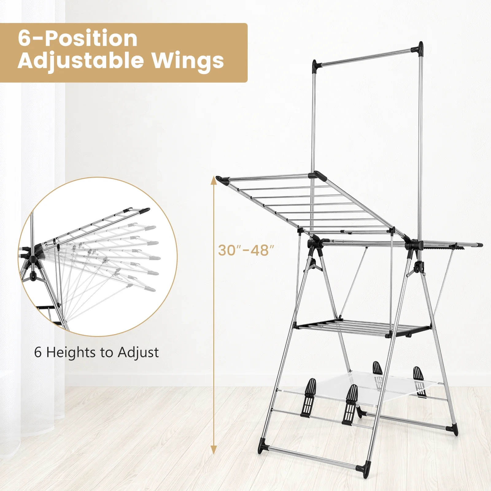 6-Level Adjustable Height Clothes Drying Rack, Silver - Image 8