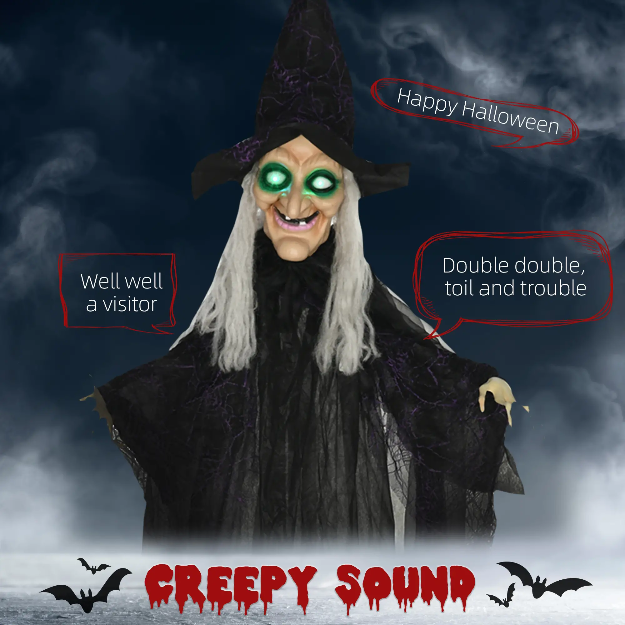 6' Life Size Witch Halloween Decoration, Light Up Eyes, Black - Image 4