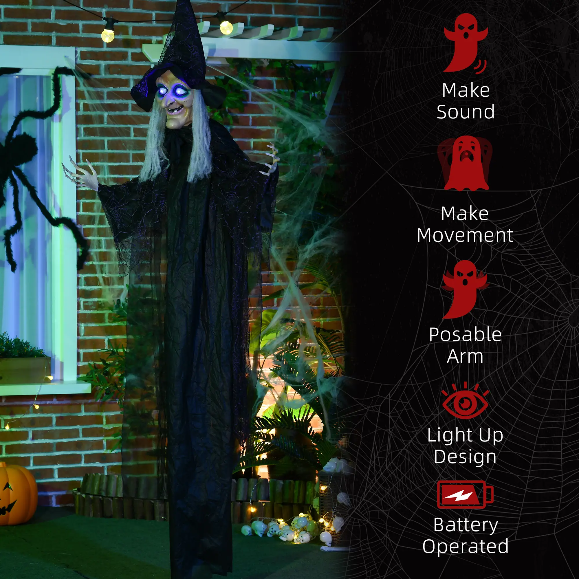 6' Life Size Witch Halloween Decoration, Light Up Eyes, Black - Image 7