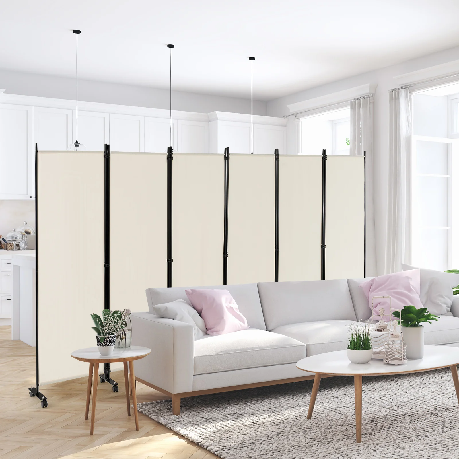 6 Panel 5.7 Feet Rolling Room Divider On Wheels, White - Image 2
