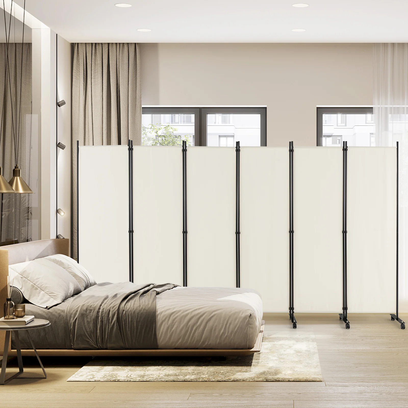 6 Panel 5.7 Feet Rolling Room Divider On Wheels, White - Image 3