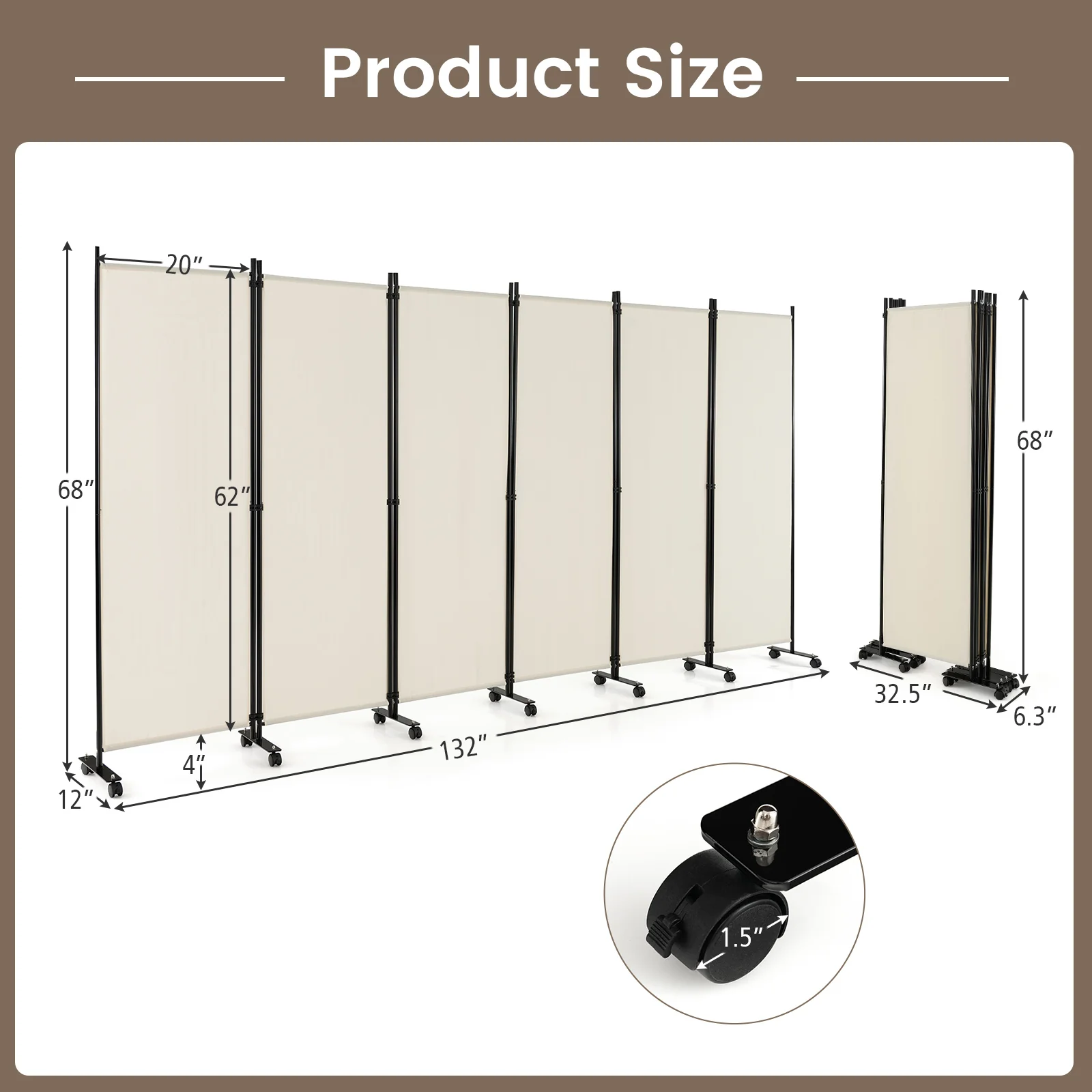 6 Panel 5.7 Feet Rolling Room Divider On Wheels, White - Image 5