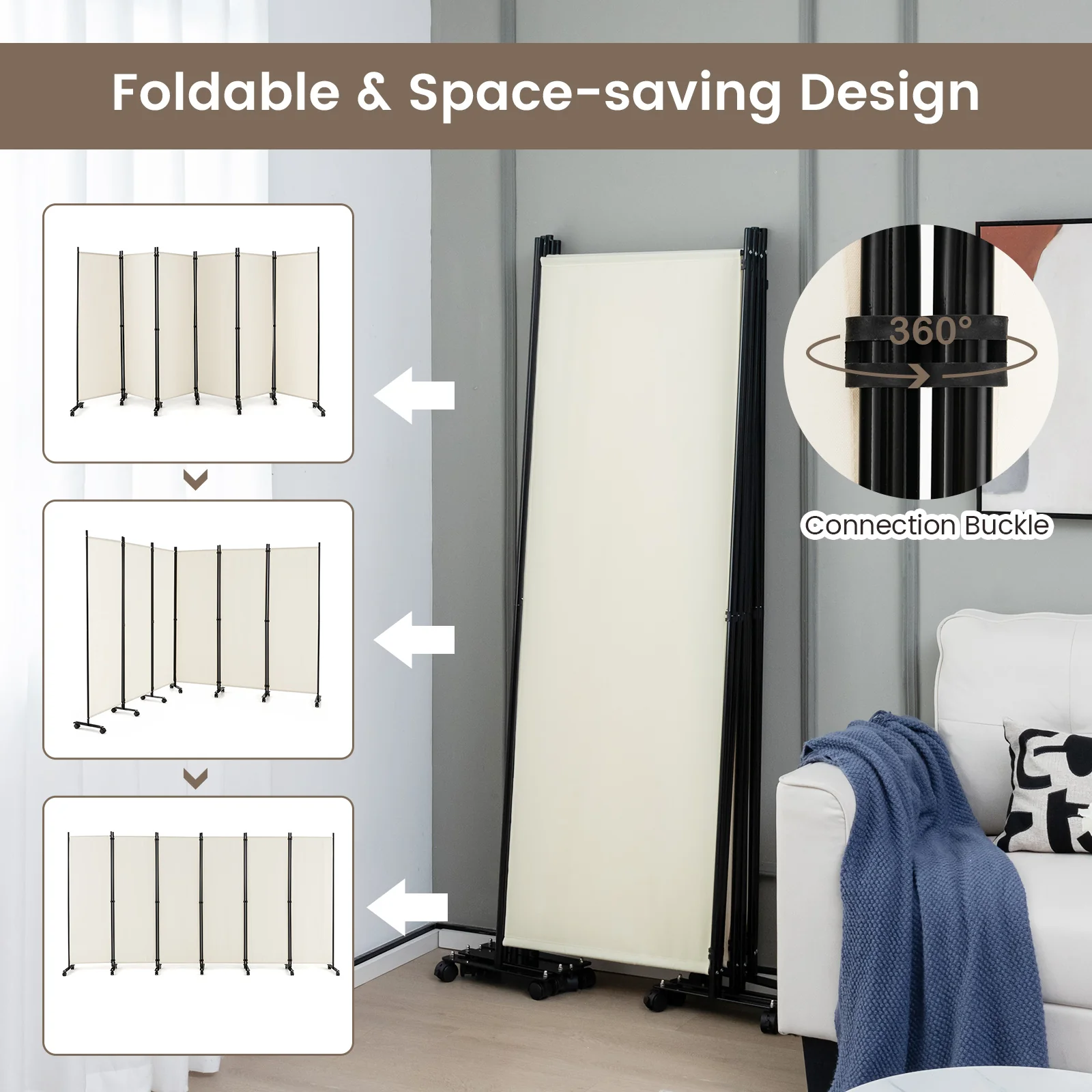 6 Panel 5.7 Feet Rolling Room Divider On Wheels, White - Image 7