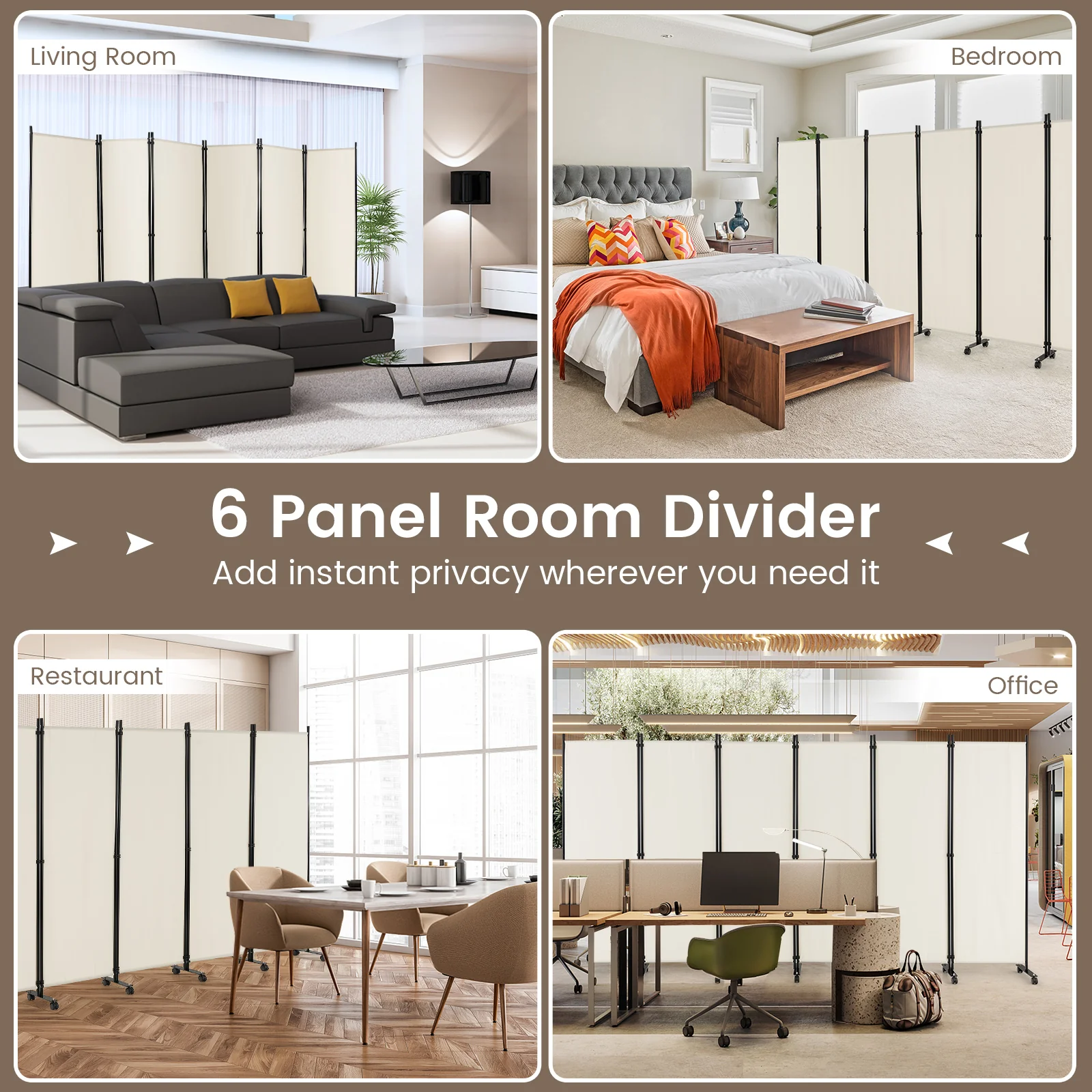 6 Panel 5.7 Feet Rolling Room Divider On Wheels, White - Image 9