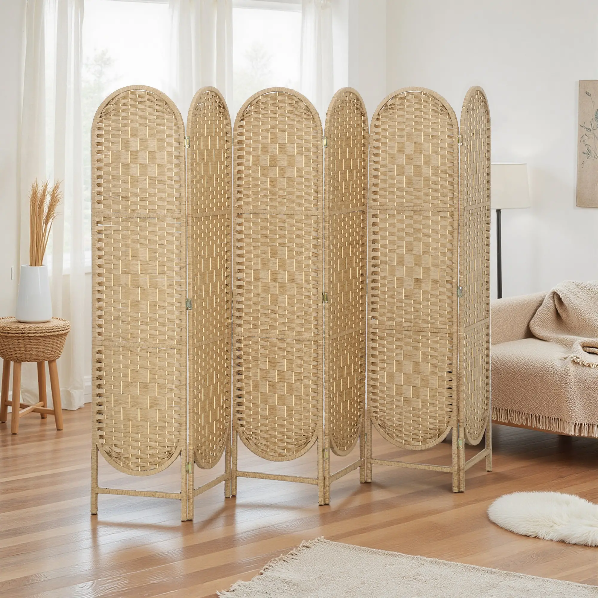 6 Panel Bohemian Privacy Screen, Arched Top Room Divider, Natural Wood - Image 2