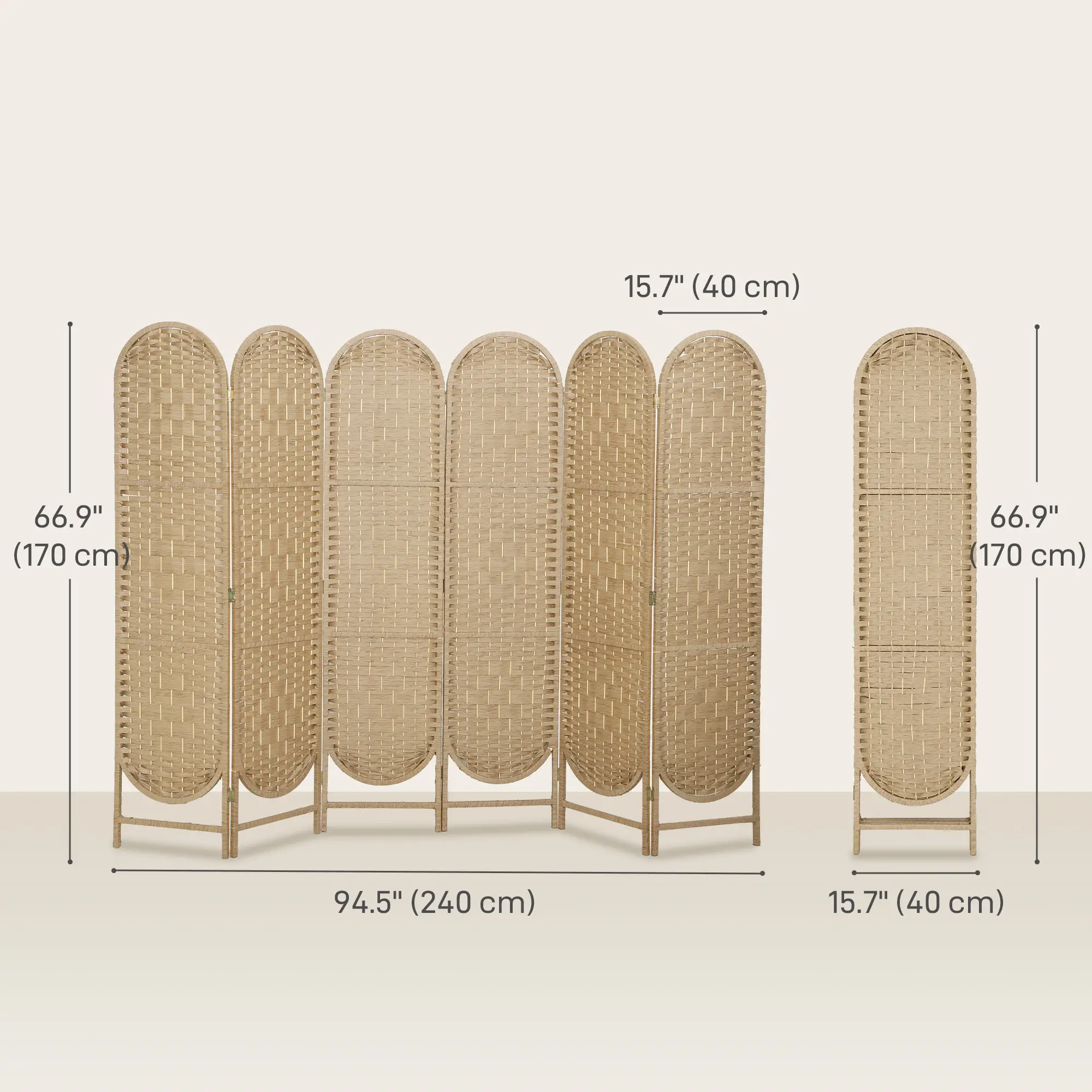6 Panel Bohemian Privacy Screen, Arched Top Room Divider, Natural Wood - Image 3