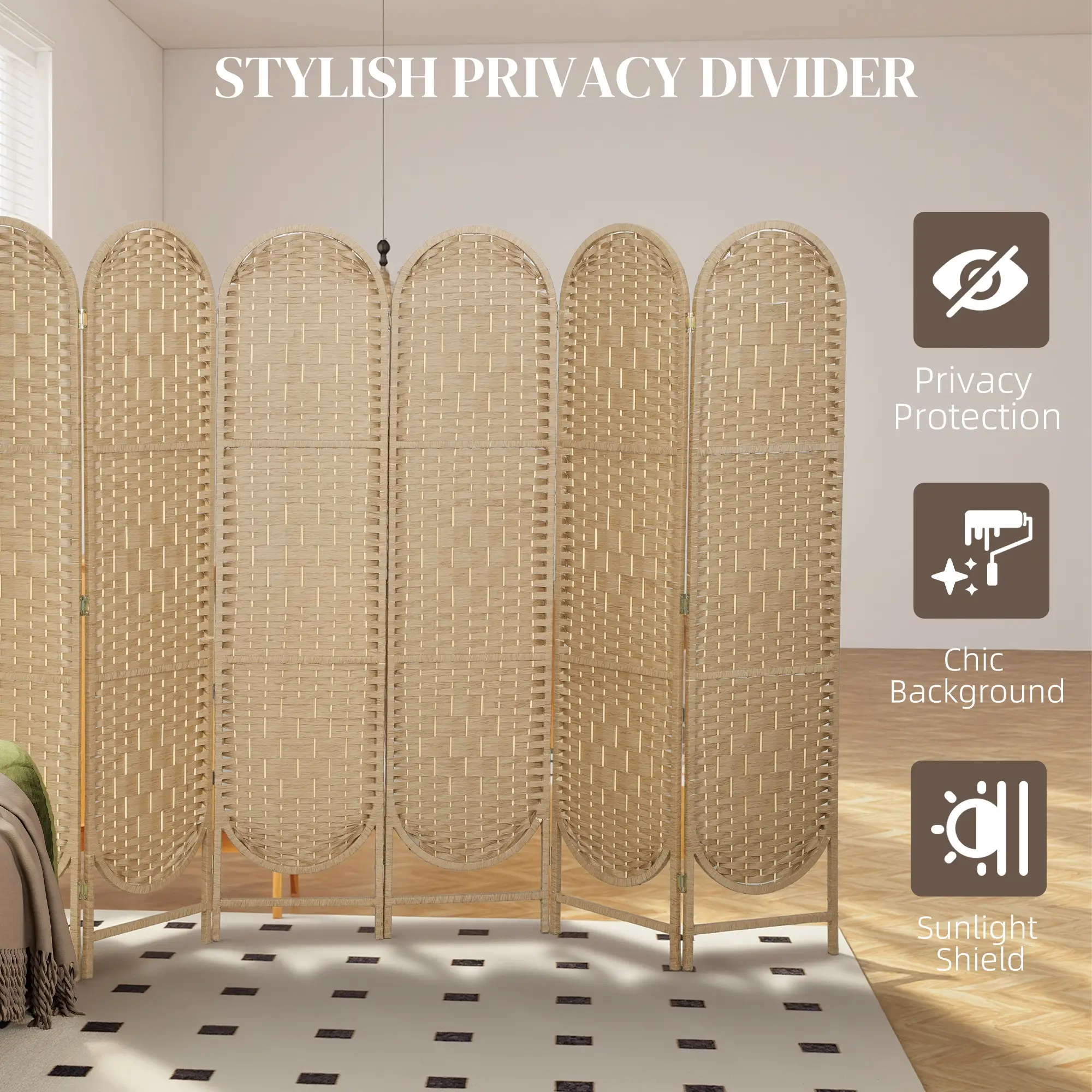 6 Panel Bohemian Privacy Screen, Arched Top Room Divider, Natural Wood - Image 4