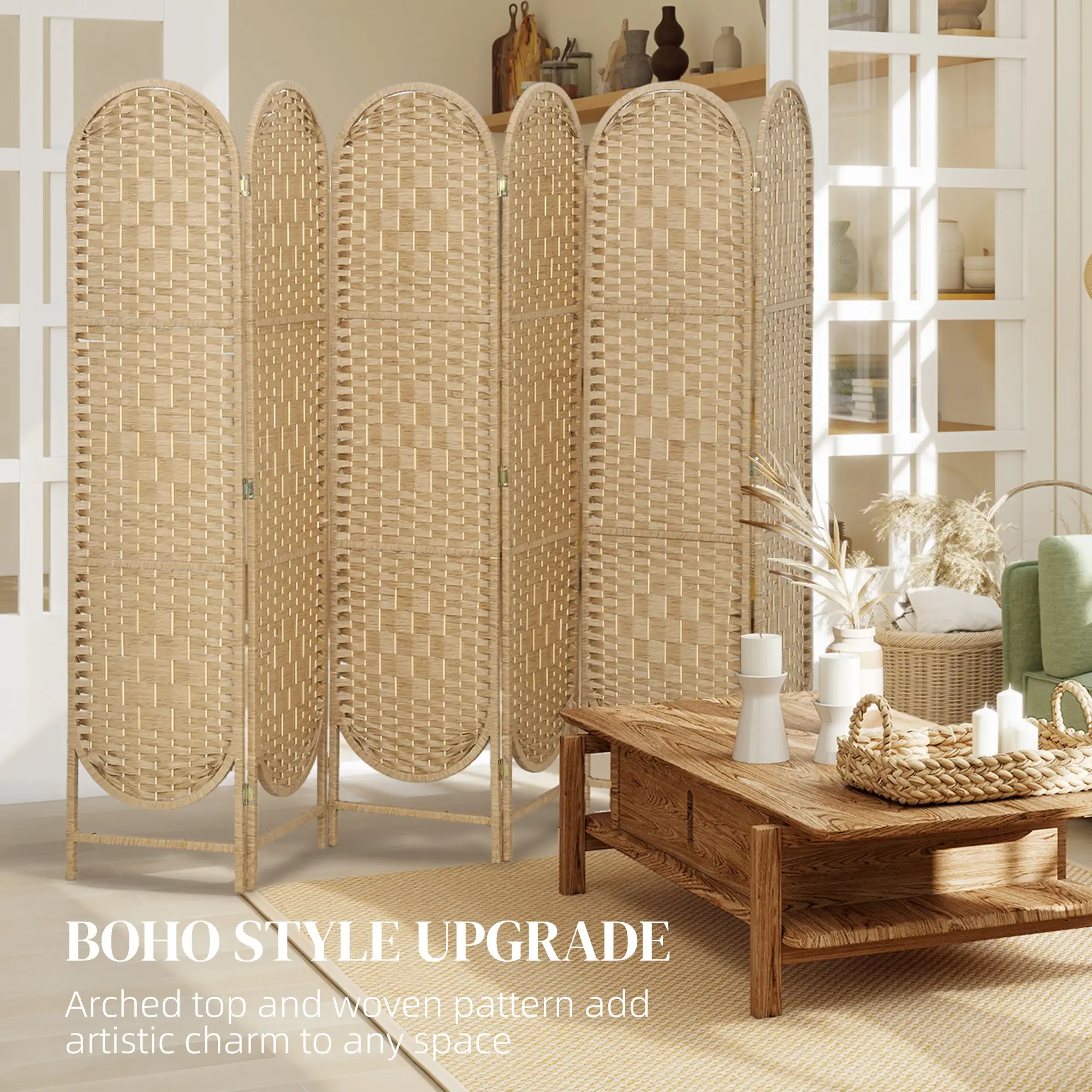6 Panel Bohemian Privacy Screen, Arched Top Room Divider, Natural Wood - Image 5