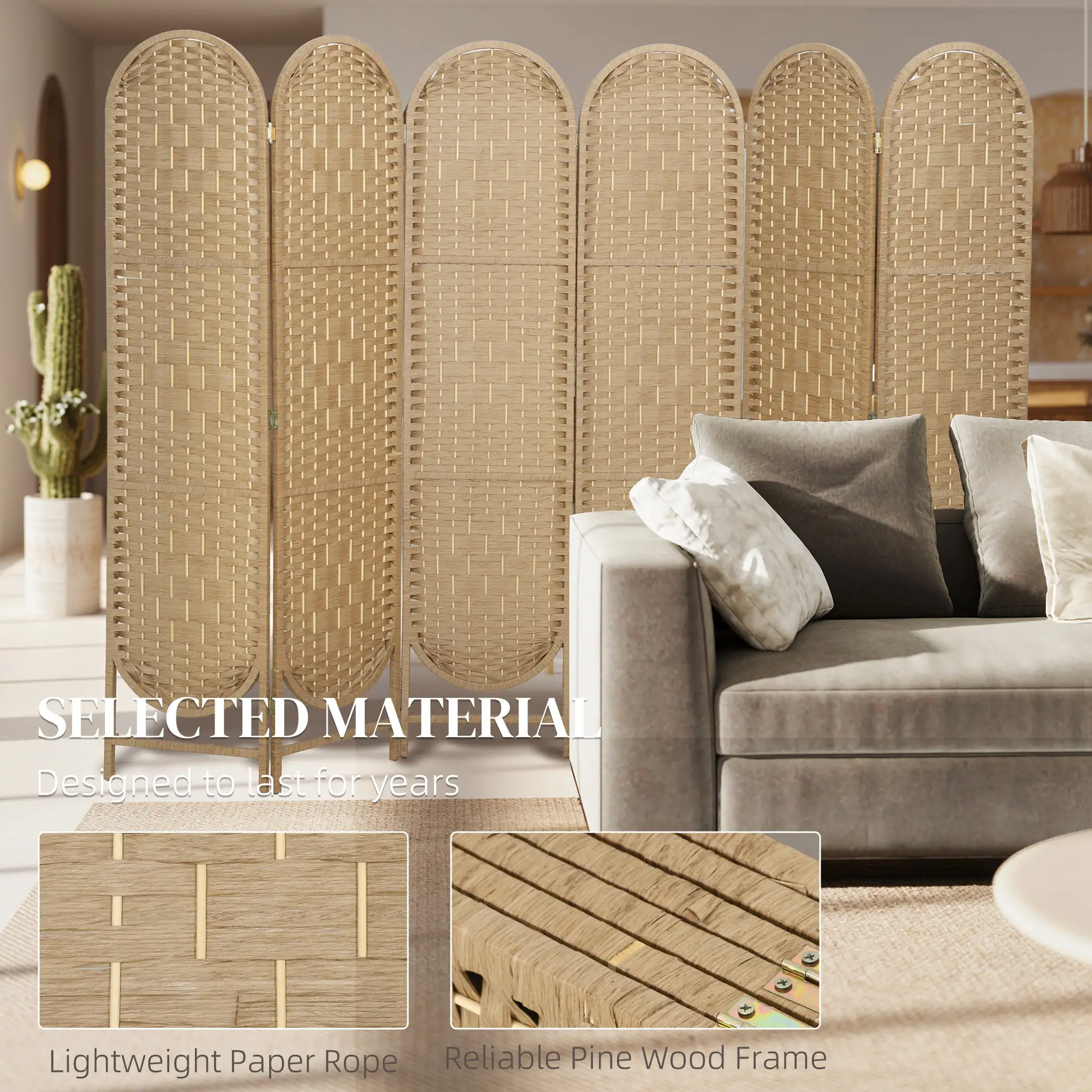 6 Panel Bohemian Privacy Screen, Arched Top Room Divider, Natural Wood - Image 6
