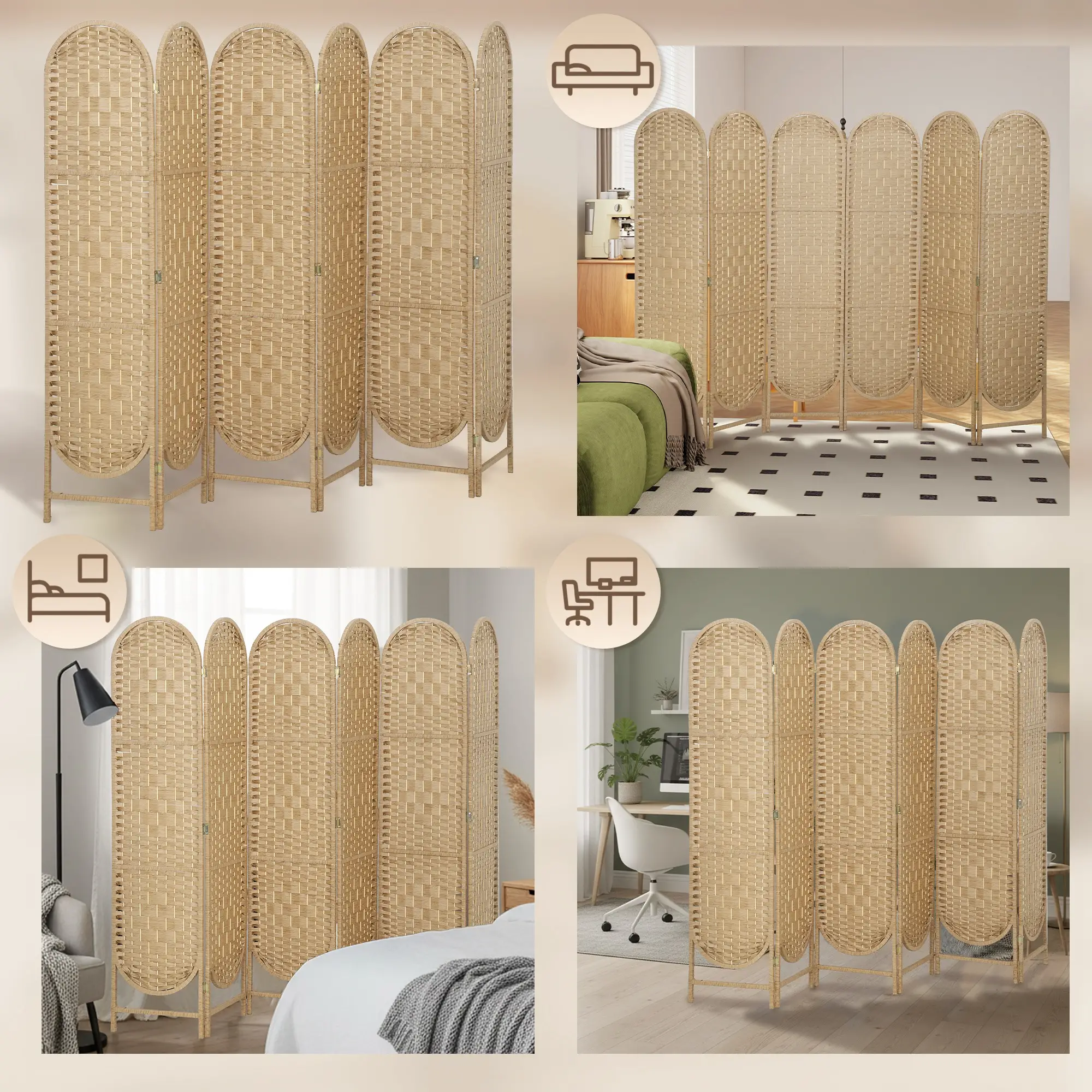 6 Panel Bohemian Privacy Screen, Arched Top Room Divider, Natural Wood - Image 9