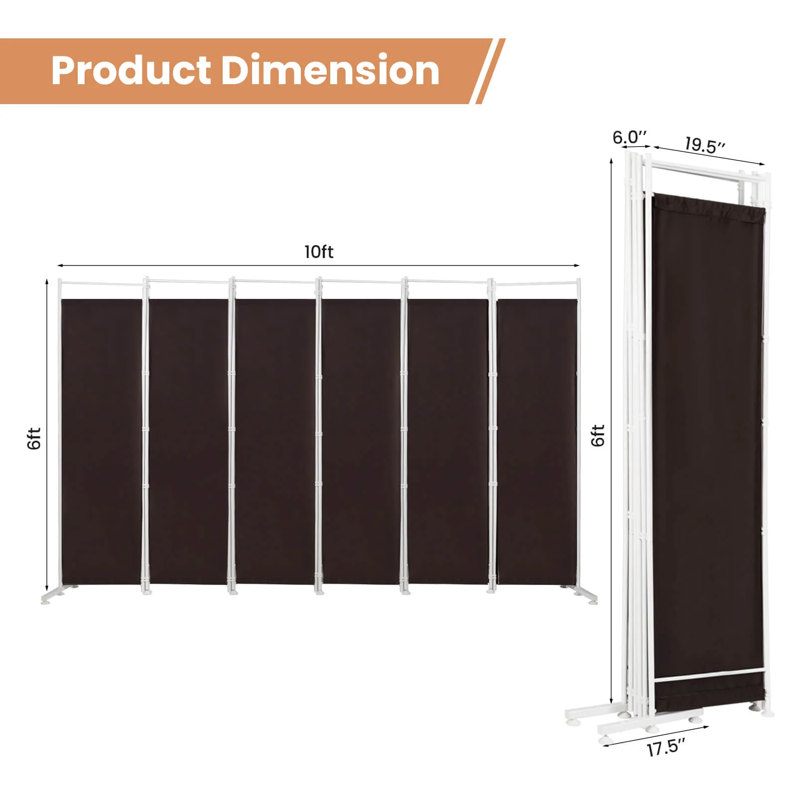 6-Panel Folding Privacy Screen, Brown - Image 5