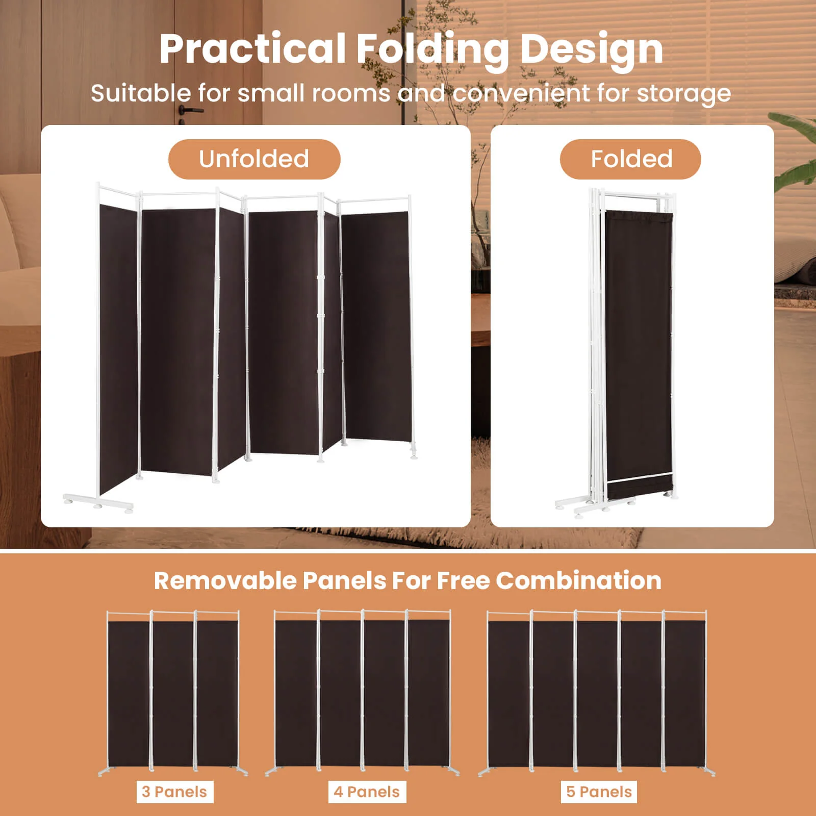 6-Panel Folding Privacy Screen, Brown - Image 6