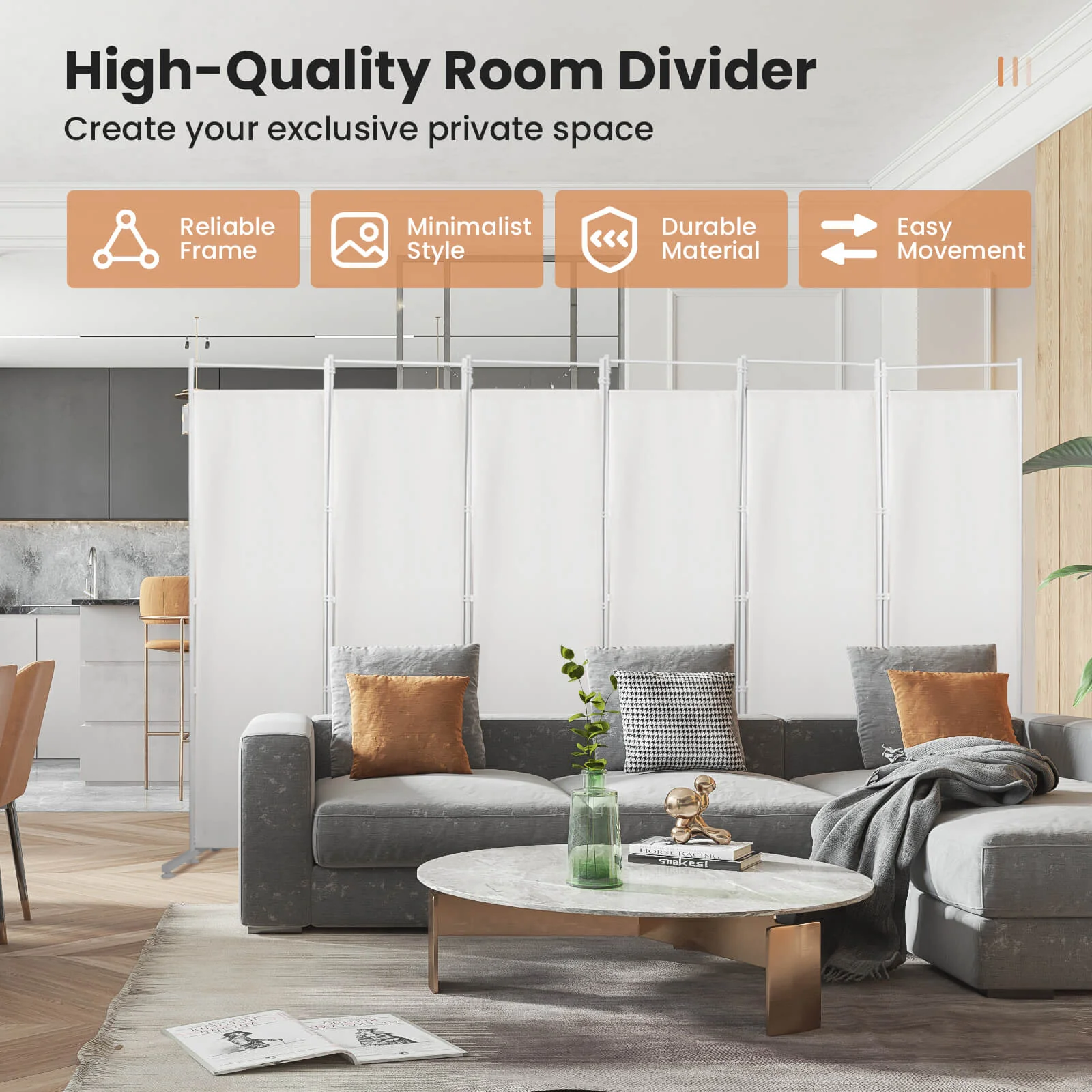 6-Panel Folding Privacy Screen, White - Image 4