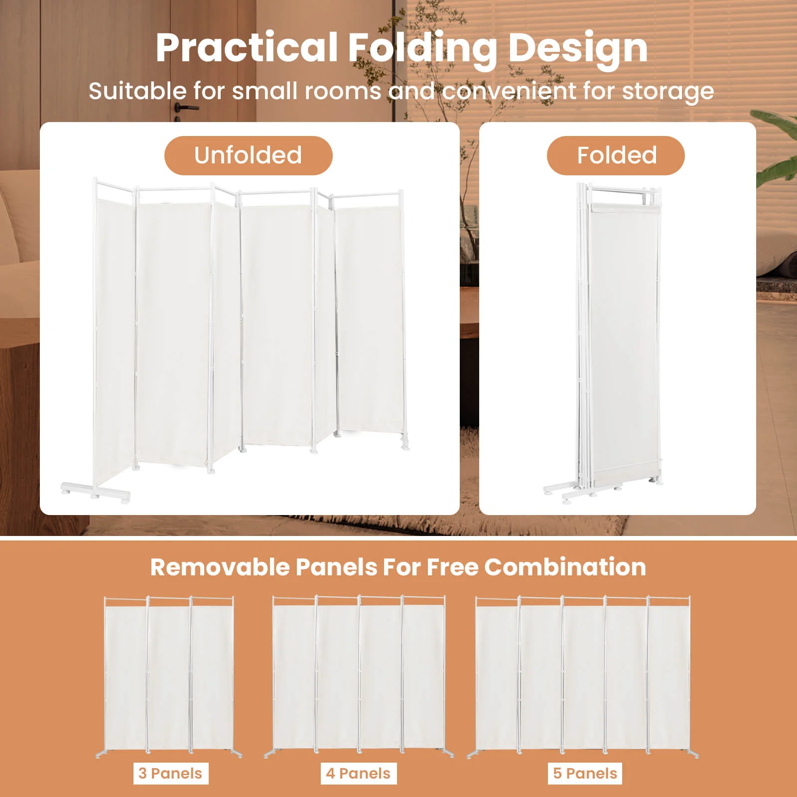 6-Panel Folding Privacy Screen, White - Image 6