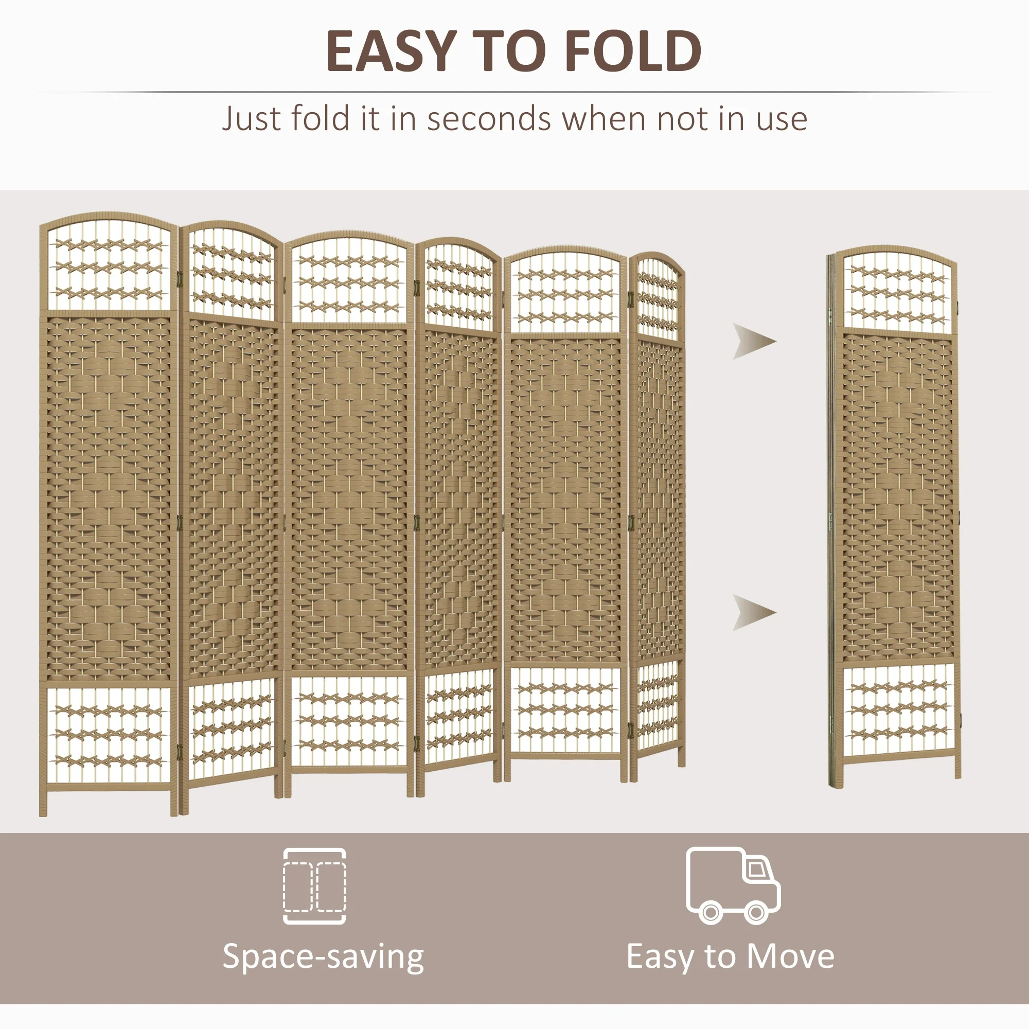 6 Panel Folding Room Divider, Portable Privacy Screen, Natural - Image 4