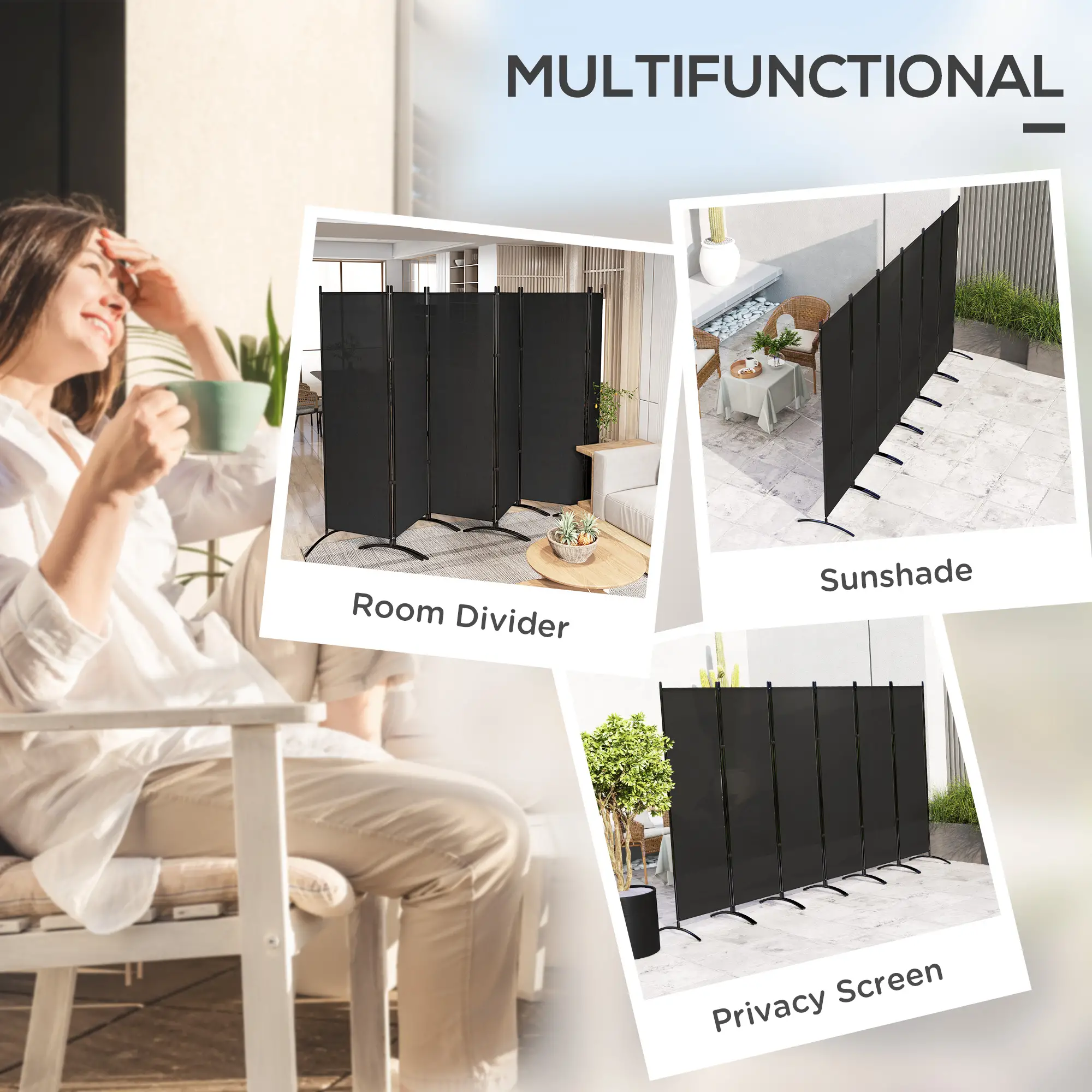 6 Panel Folding Room Divider, UV30+ Privacy Screen, Black - Image 4