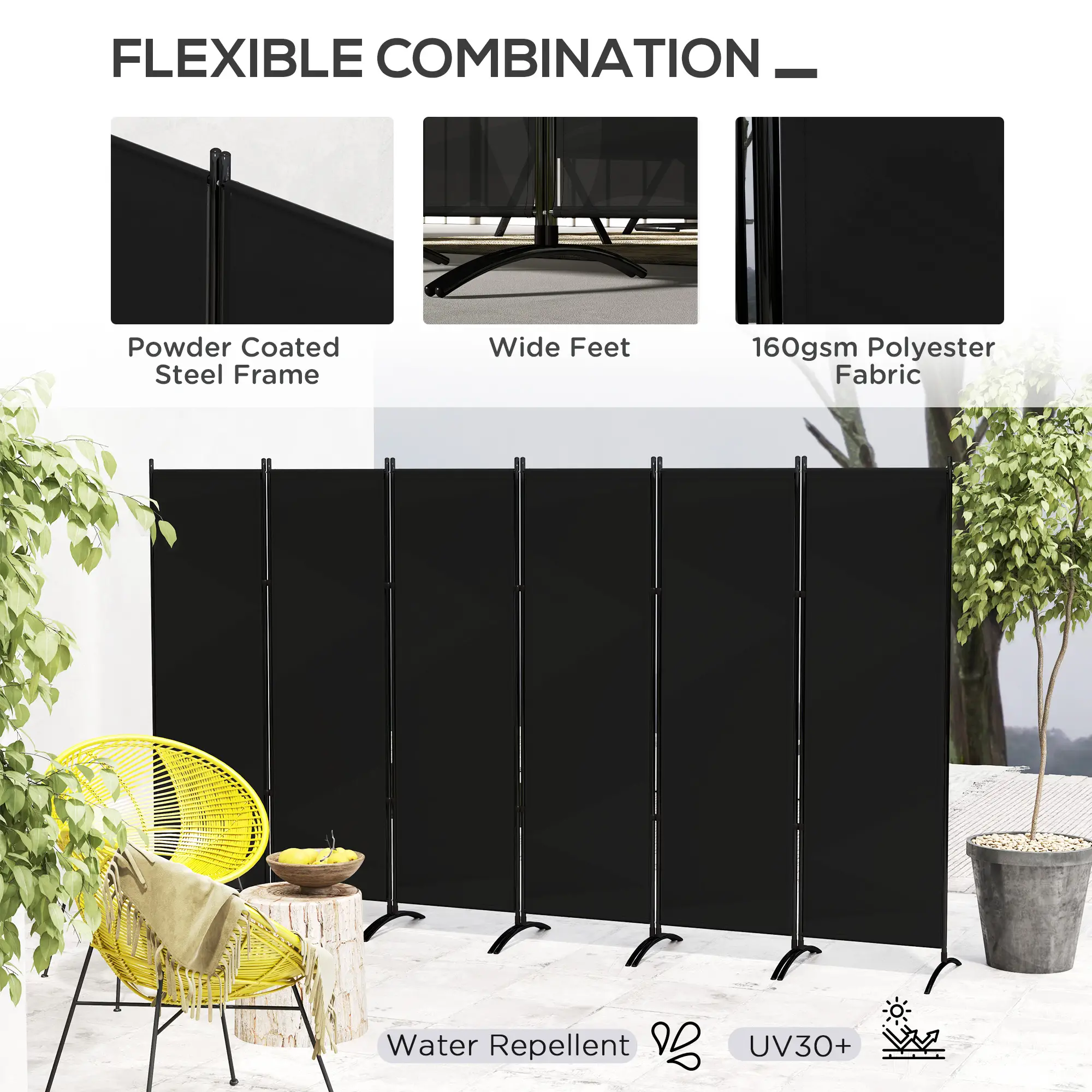 6 Panel Folding Room Divider, UV30+ Privacy Screen, Black - Image 5