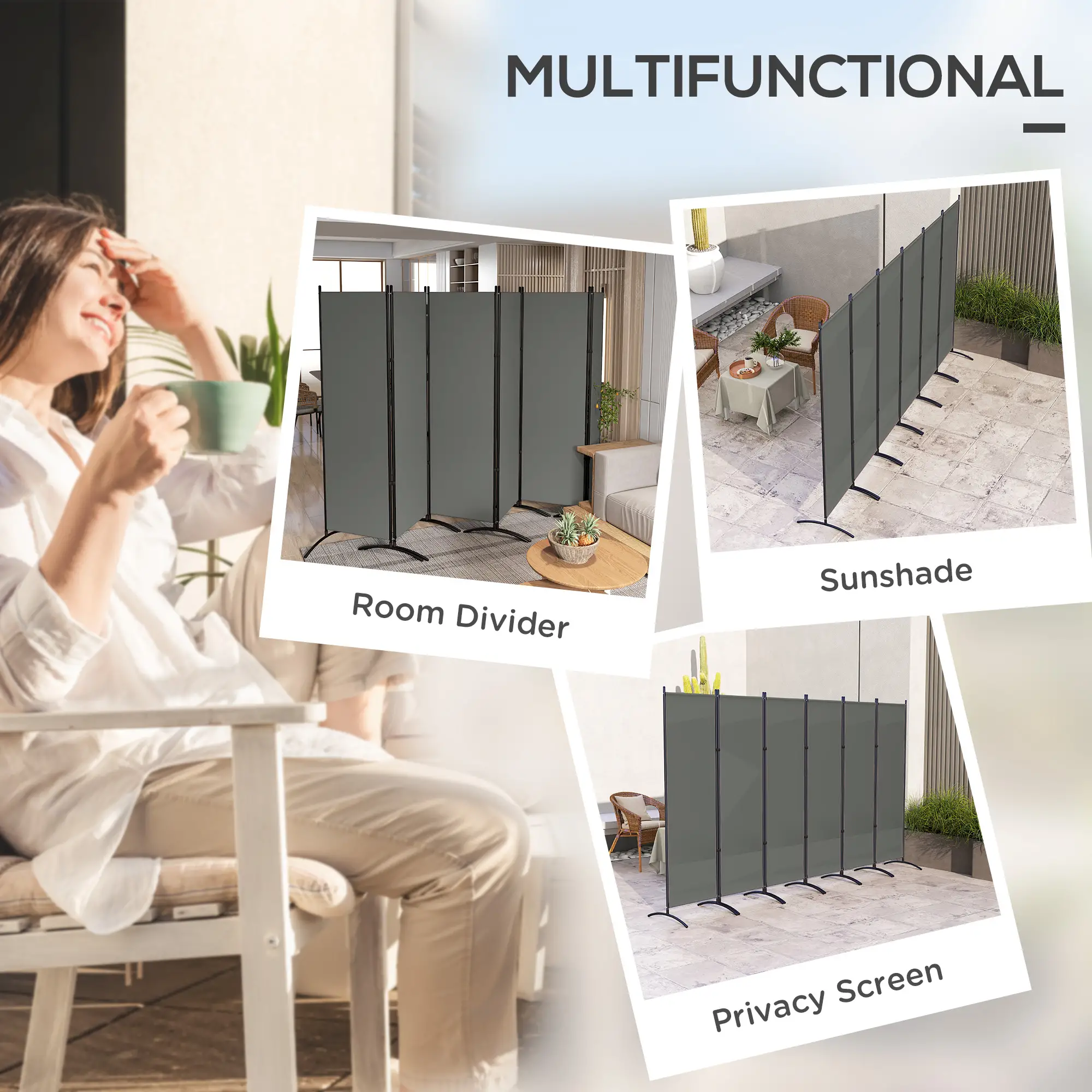 6 Panel Folding Room Divider, UV30+ Privacy Screen, Dark Grey - Image 4