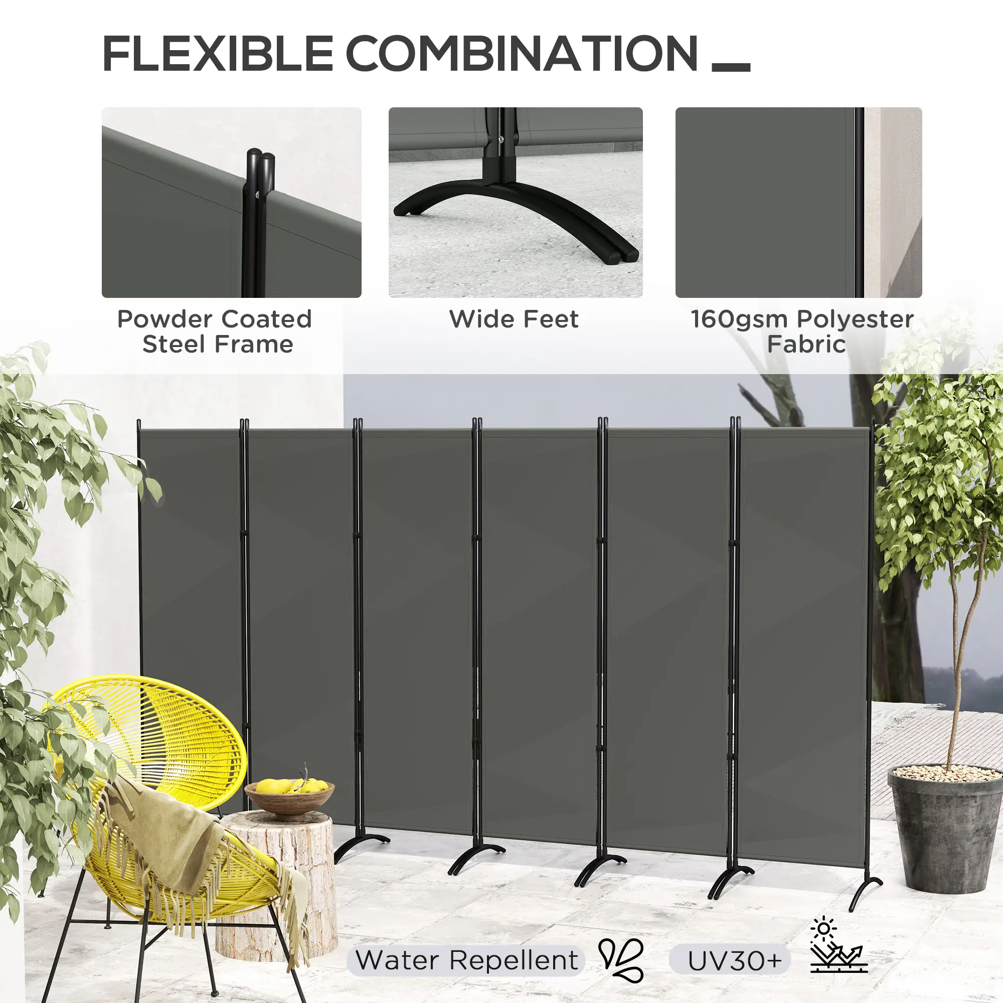 6 Panel Folding Room Divider, UV30+ Privacy Screen, Dark Grey - Image 5