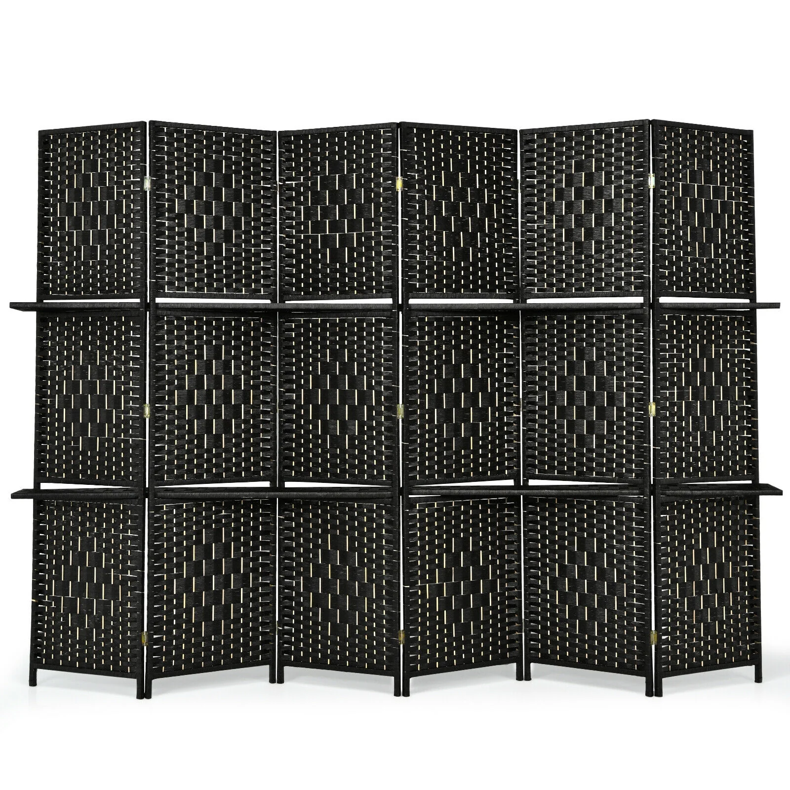 6 Panel Folding Weave Fiber Room Divider, 2 Display Shelves, Black - Image 4