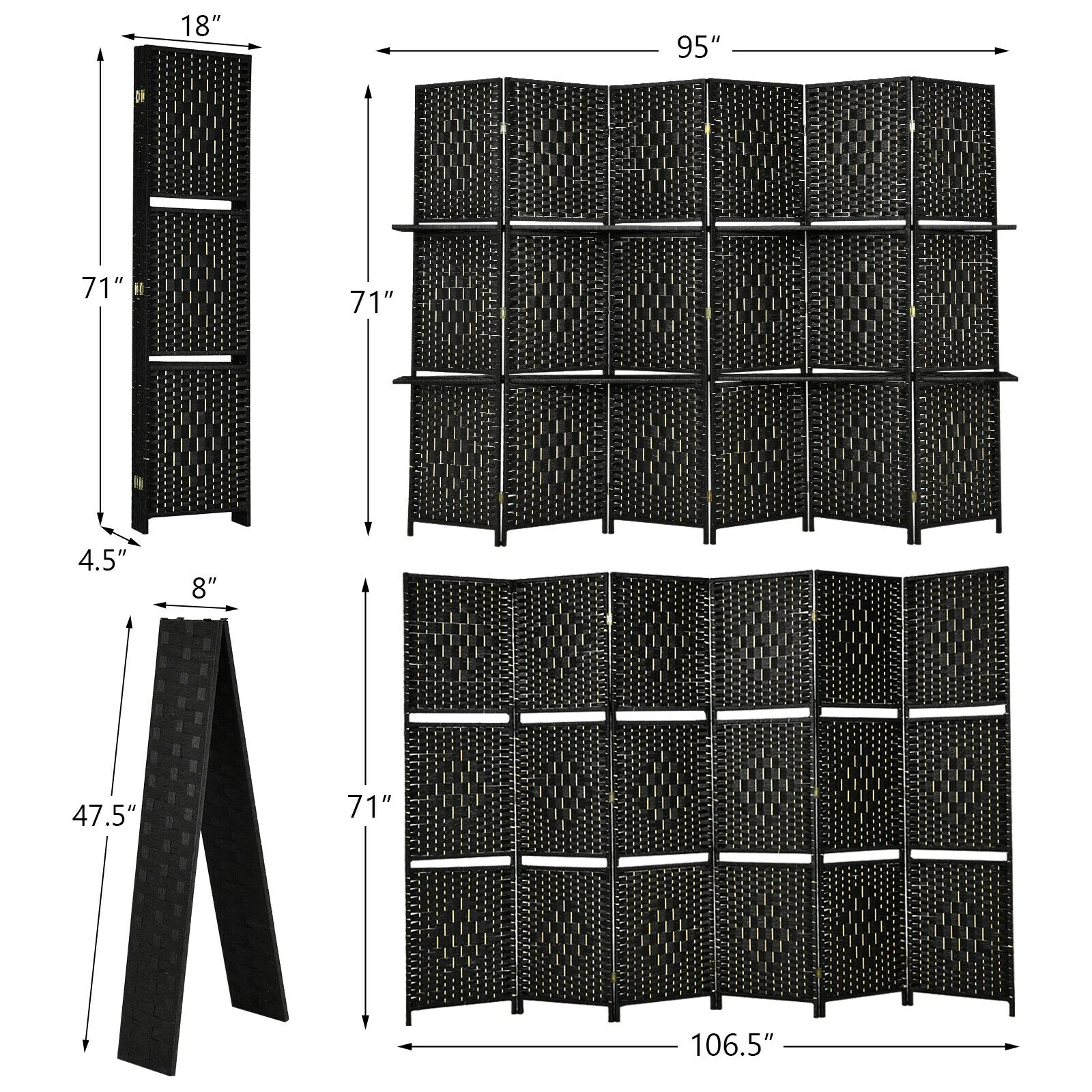 6 Panel Folding Weave Fiber Room Divider, 2 Display Shelves, Black - Image 5