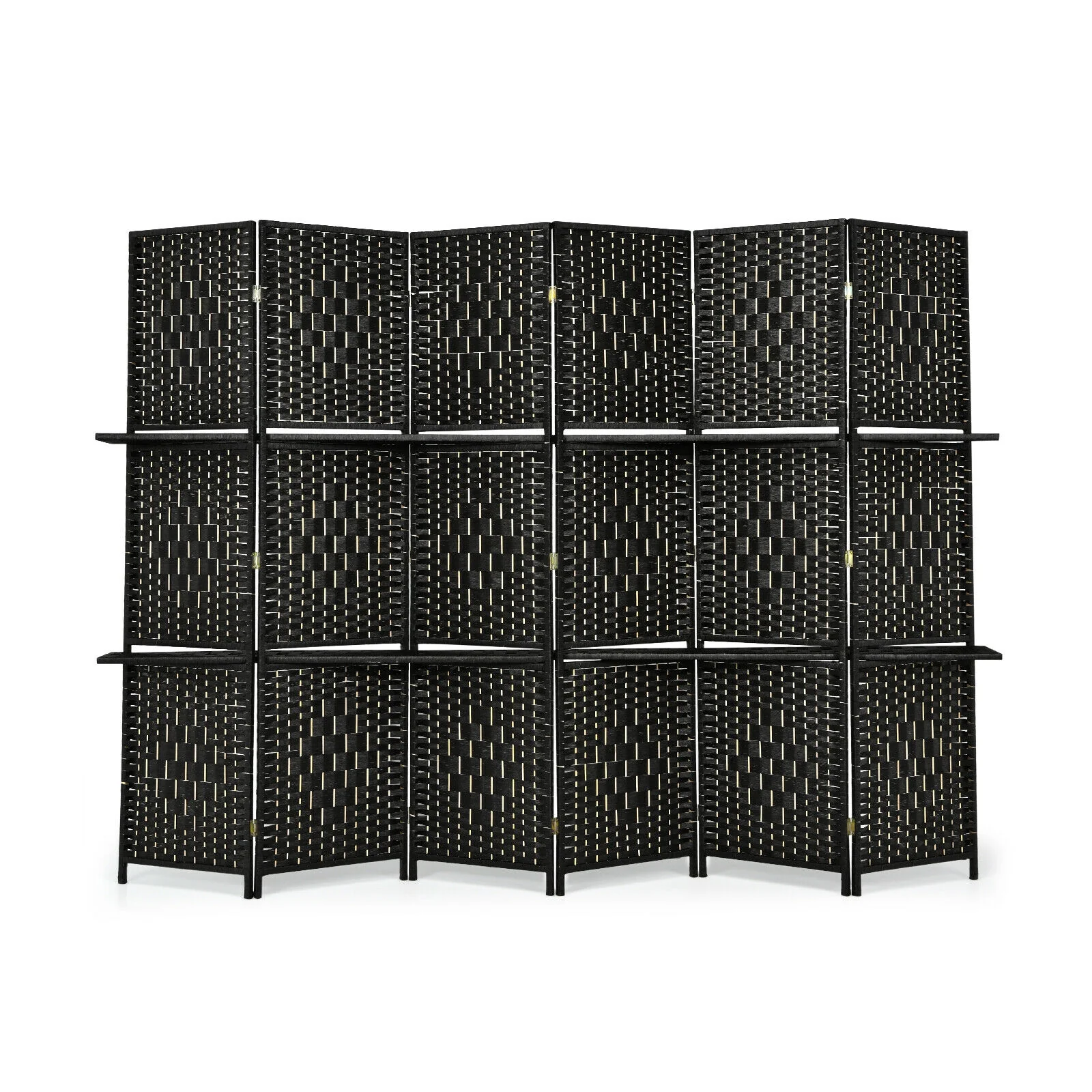6 Panel Folding Weave Fiber Room Divider, 2 Display Shelves, Black - Image 7
