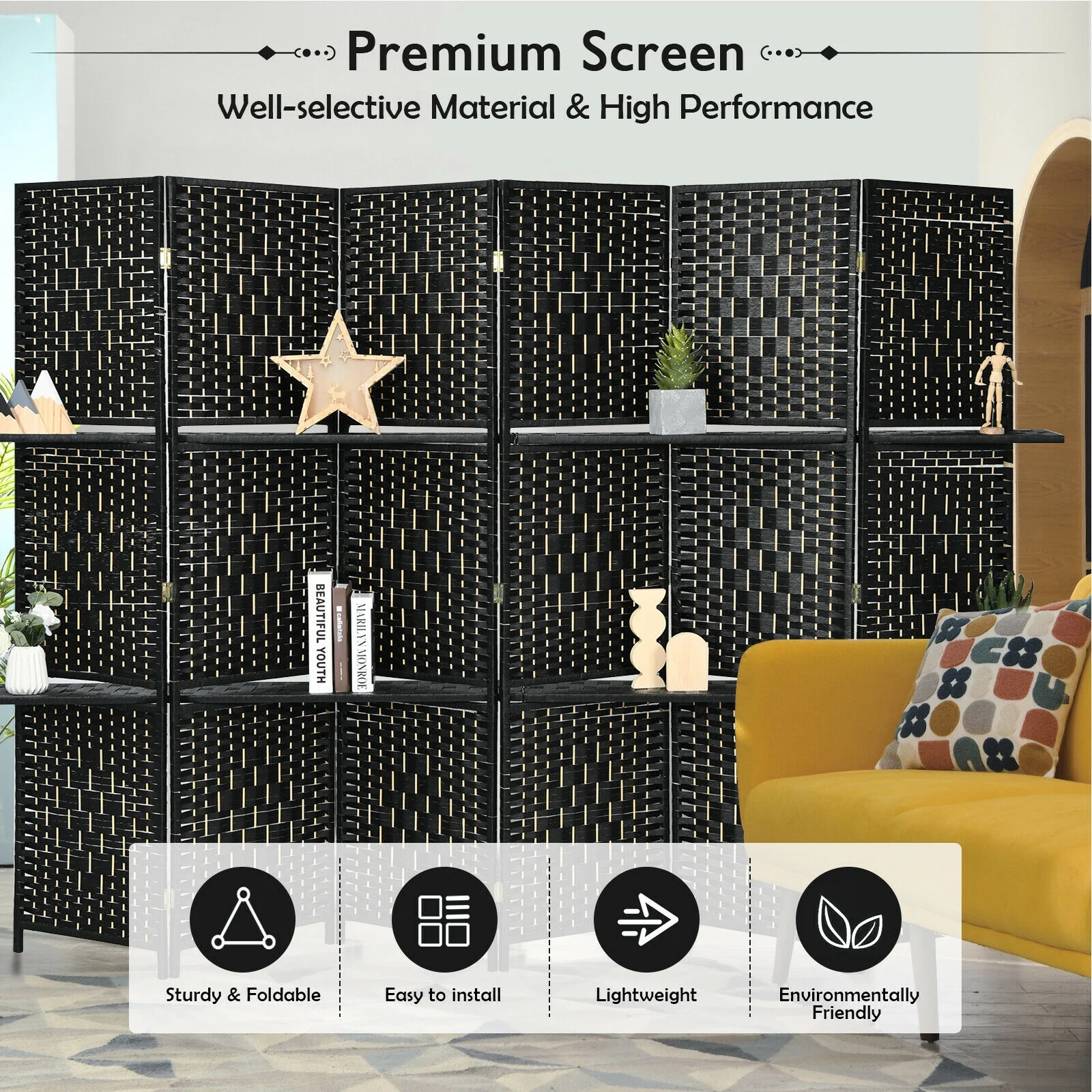 6 Panel Folding Weave Fiber Room Divider, 2 Display Shelves, Black - Image 9