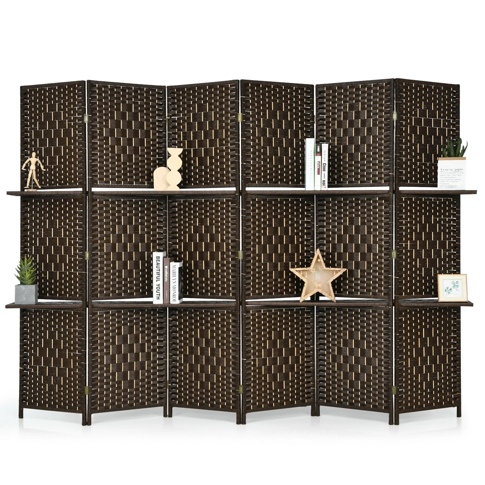 6 Panel Folding Weave Fiber Room Divider, 2 Display Shelves, Brown - Image 2