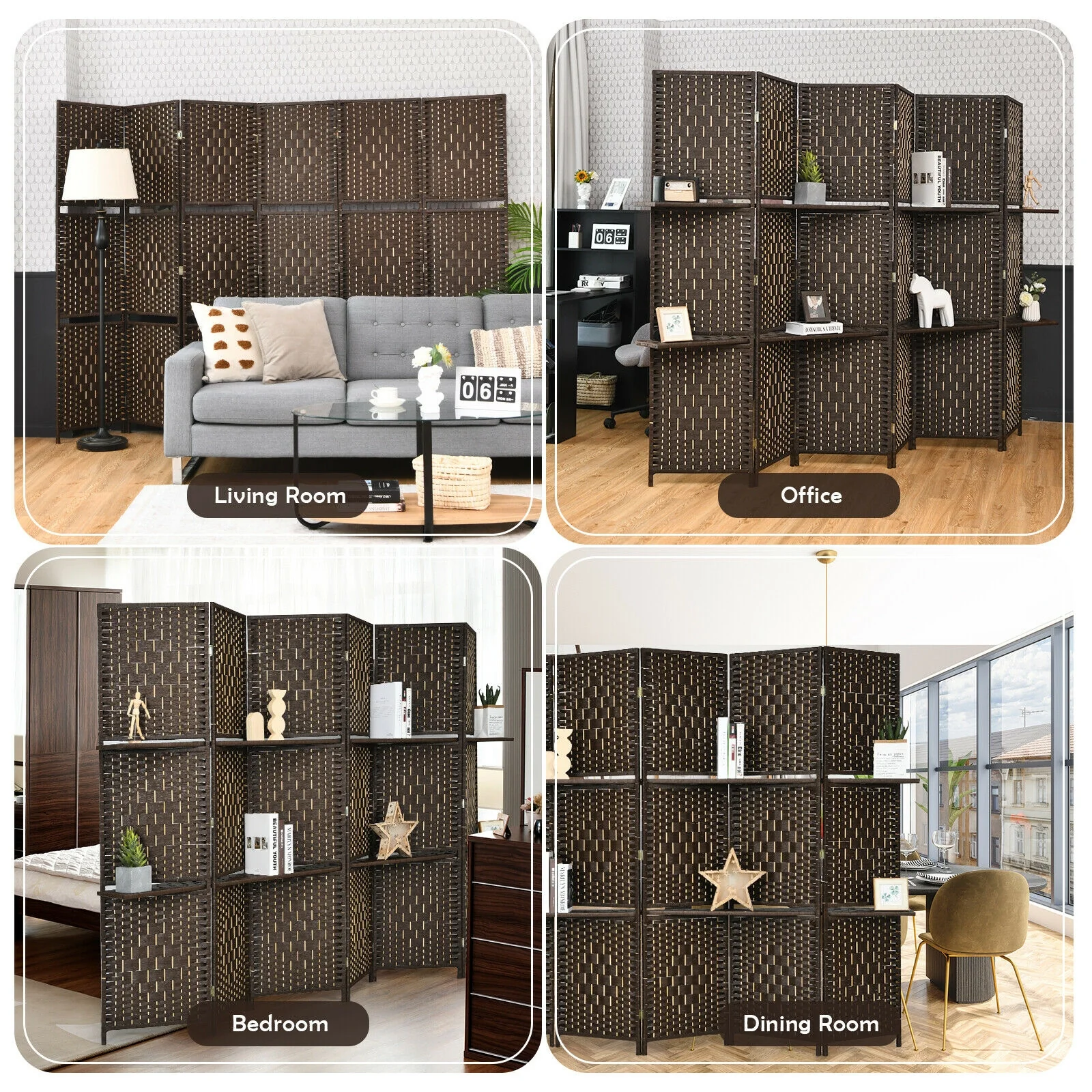 6 Panel Folding Weave Fiber Room Divider, 2 Display Shelves, Brown - Image 3