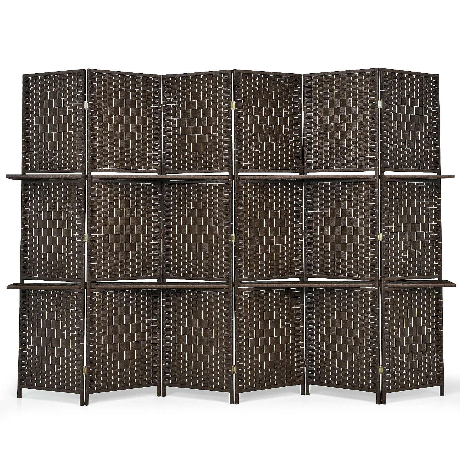 6 Panel Folding Weave Fiber Room Divider, 2 Display Shelves, Brown - Image 4