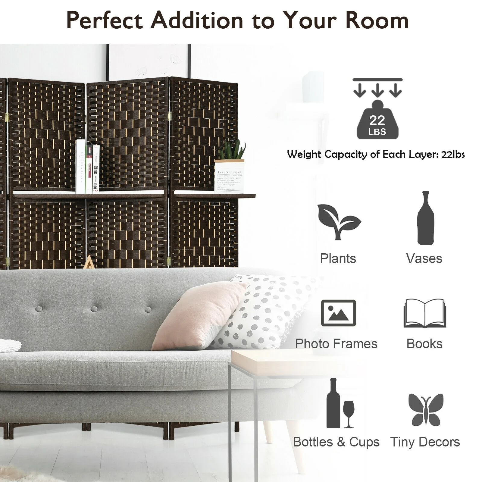 6 Panel Folding Weave Fiber Room Divider, 2 Display Shelves, Brown - Image 6