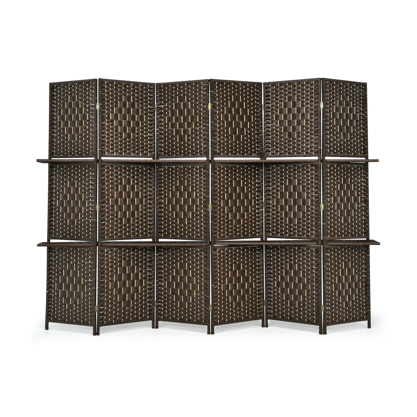 6 Panel Folding Weave Fiber Room Divider, 2 Display Shelves, Brown - Image 7