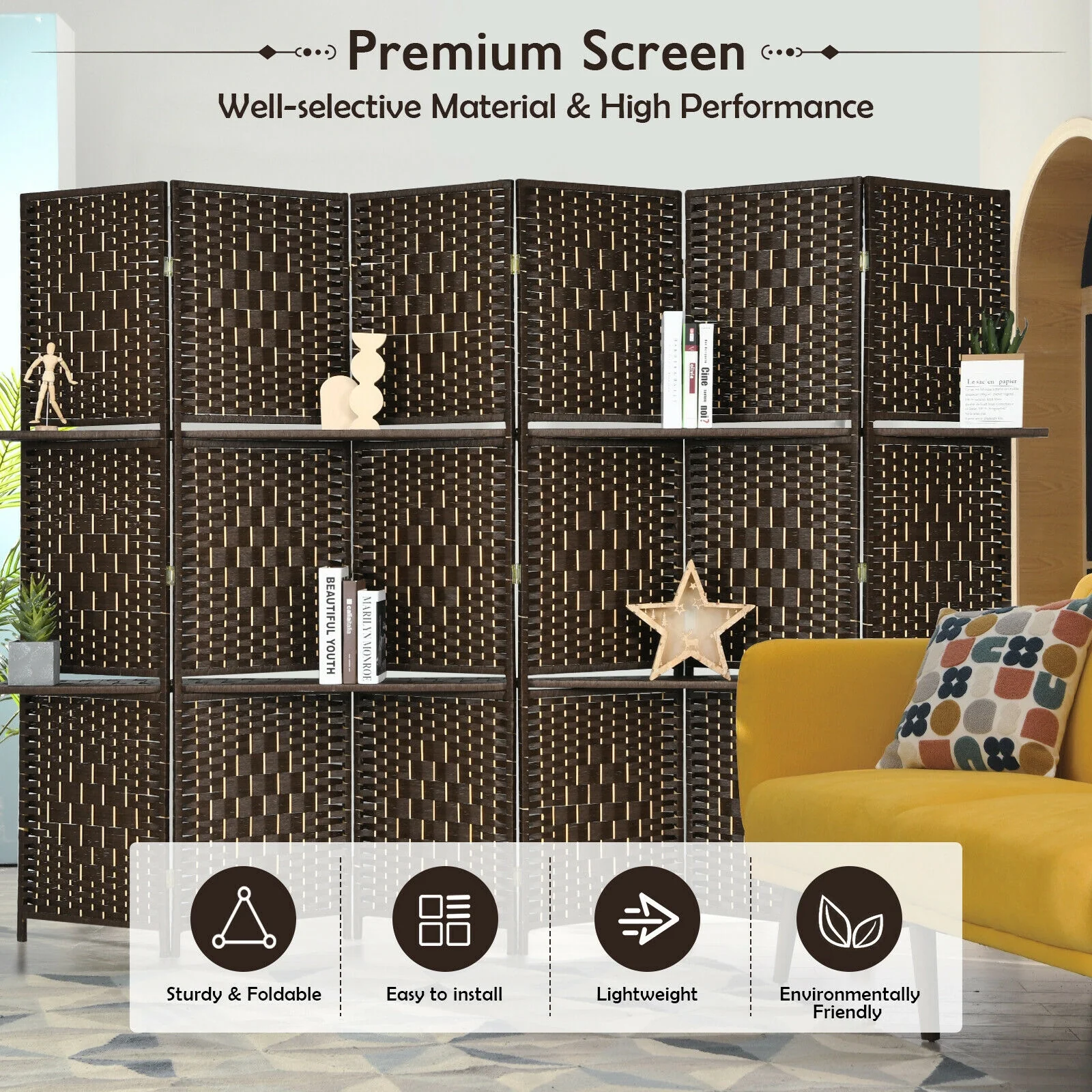 6 Panel Folding Weave Fiber Room Divider, 2 Display Shelves, Brown - Image 9