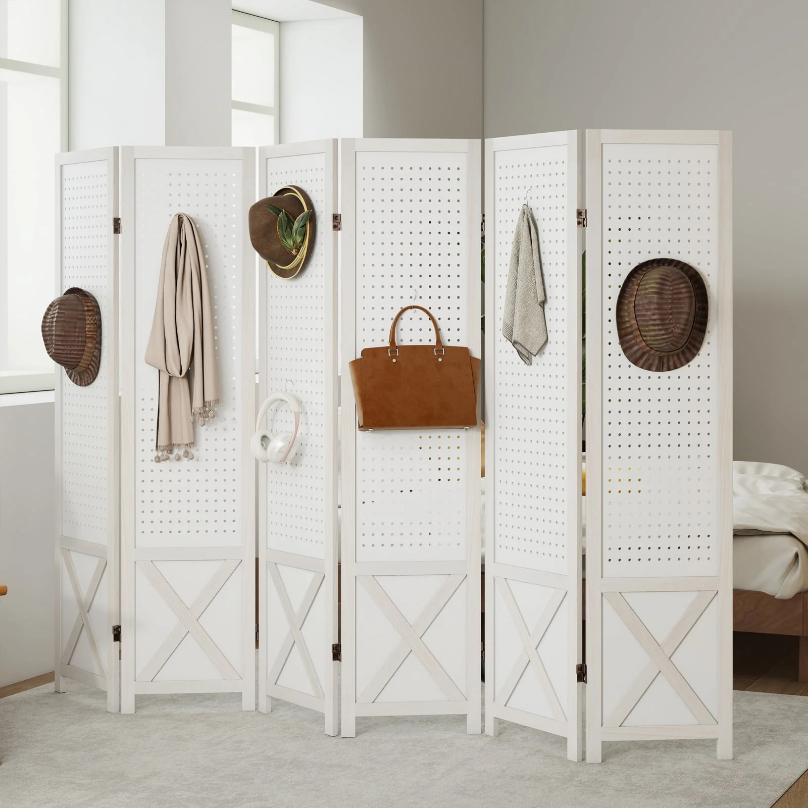 6-Panel Pegboard Room Divider, 67 Inches Tall, Foldable Privacy Screen - Image 2