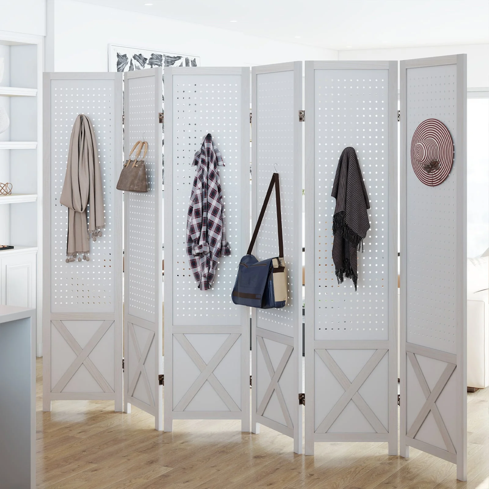 6-Panel Pegboard Room Divider, 67 Inches Tall, Foldable Privacy Screen - Image 3