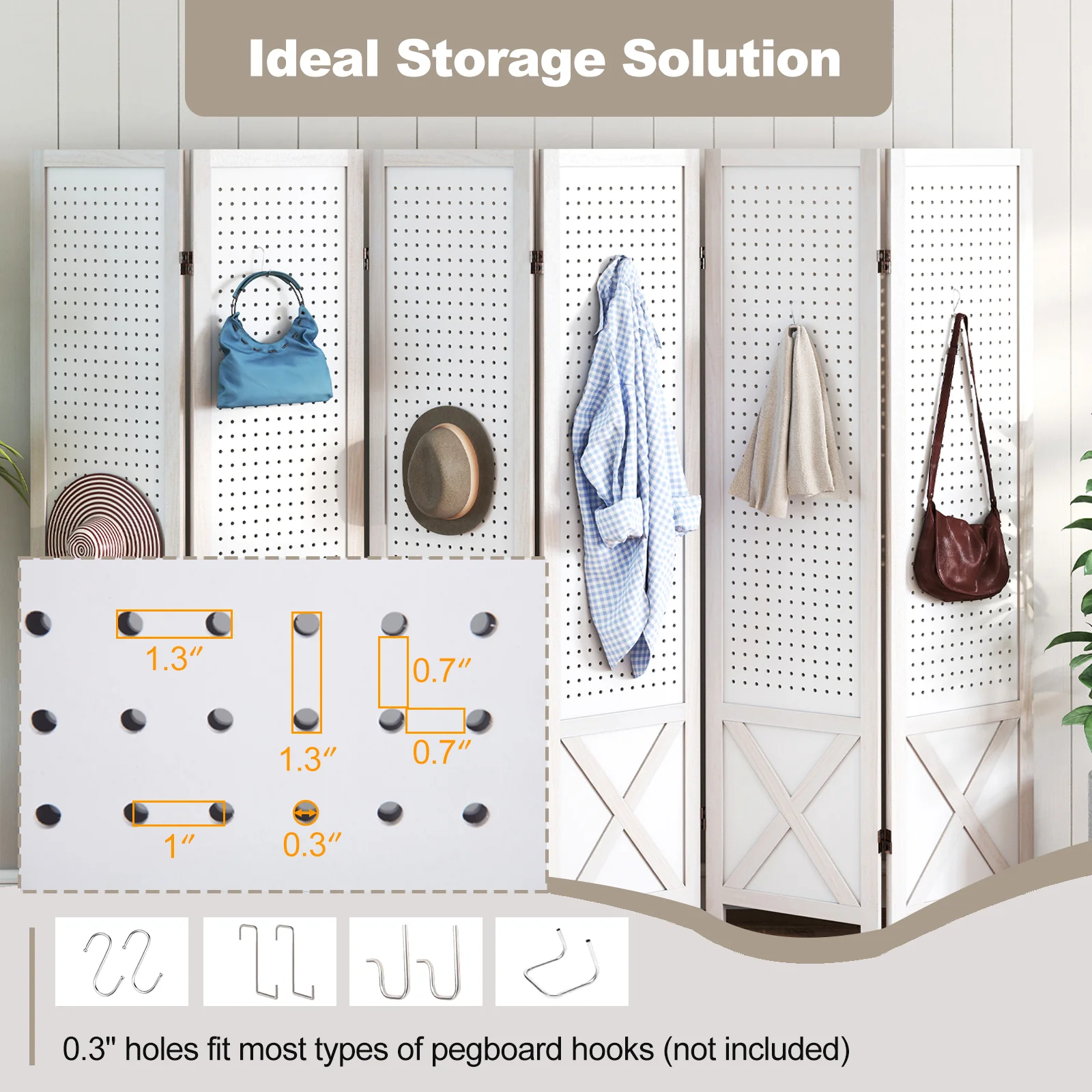 6-Panel Pegboard Room Divider, 67 Inches Tall, Foldable Privacy Screen - Image 8
