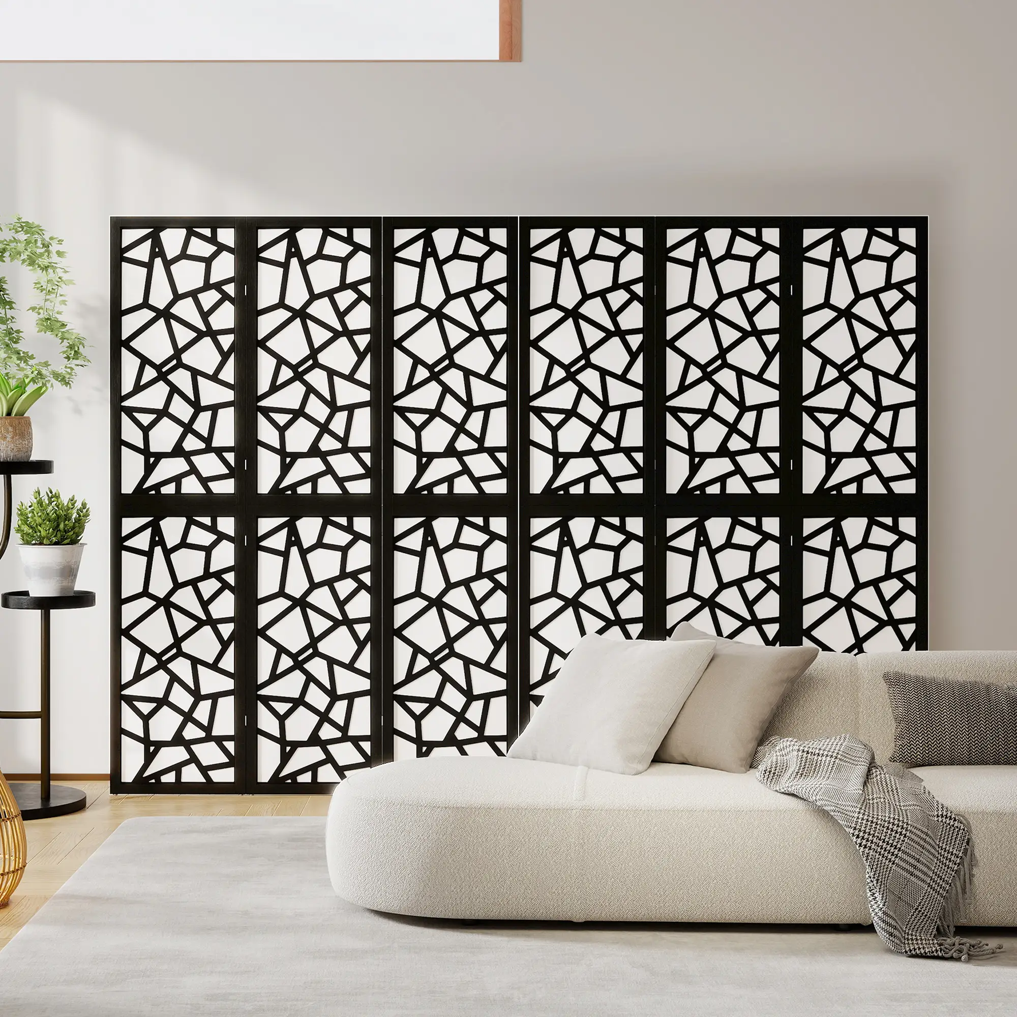 6 Panel Room Divider, 5.6 FT, Geometric Pattern Privacy Screen, Black - Image 10