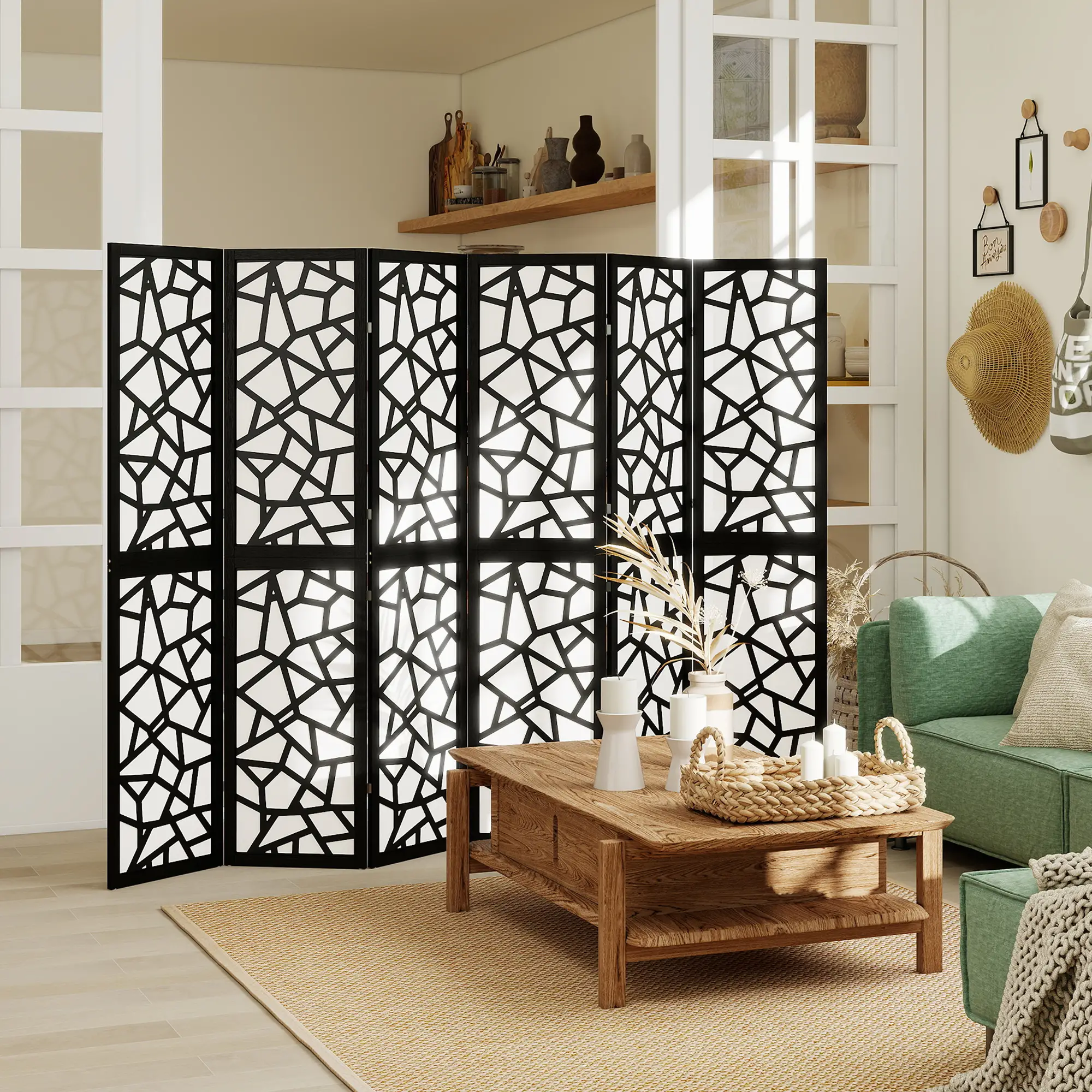 6 Panel Room Divider, 5.6 FT, Geometric Pattern Privacy Screen, Black - Image 2