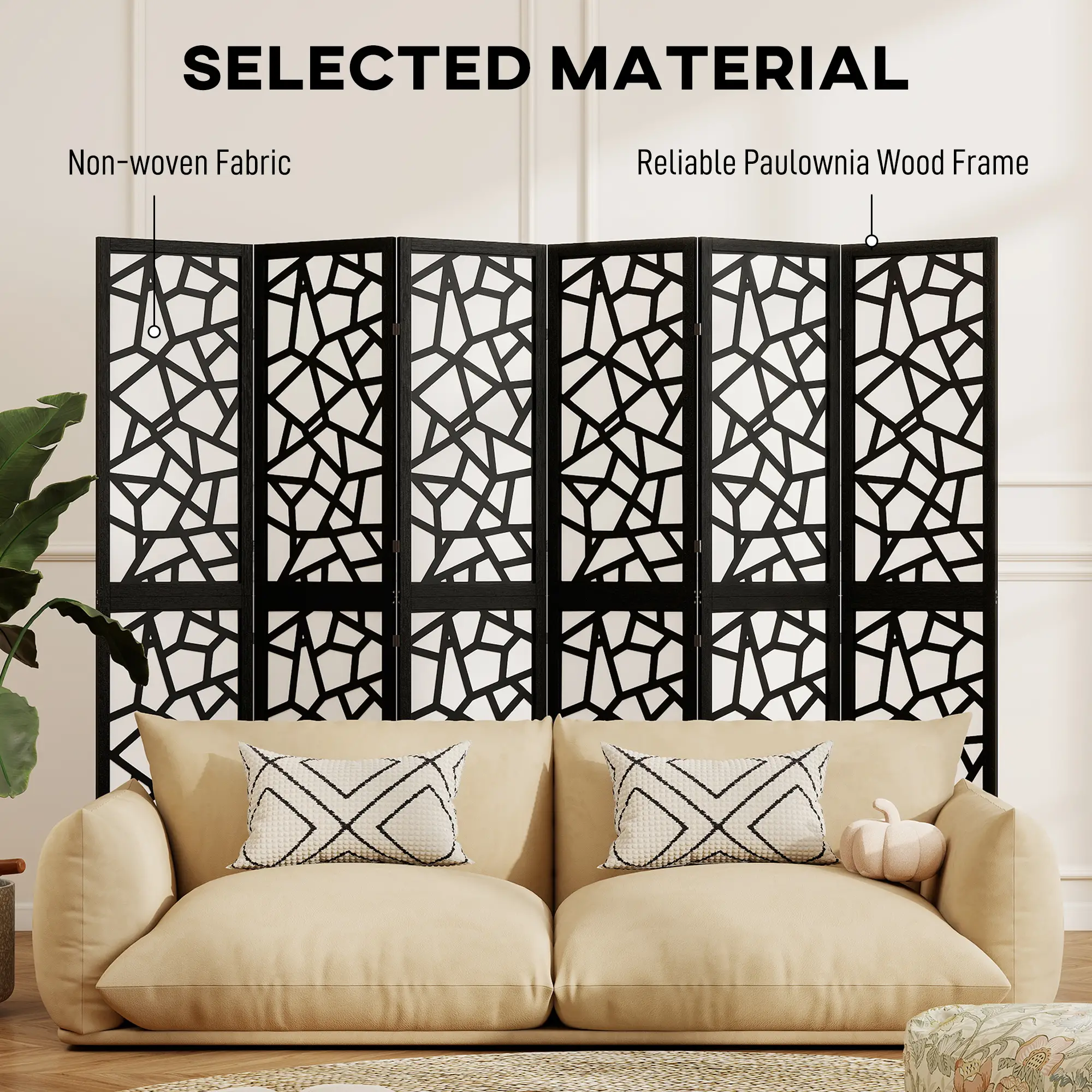 6 Panel Room Divider, 5.6 FT, Geometric Pattern Privacy Screen, Black - Image 5