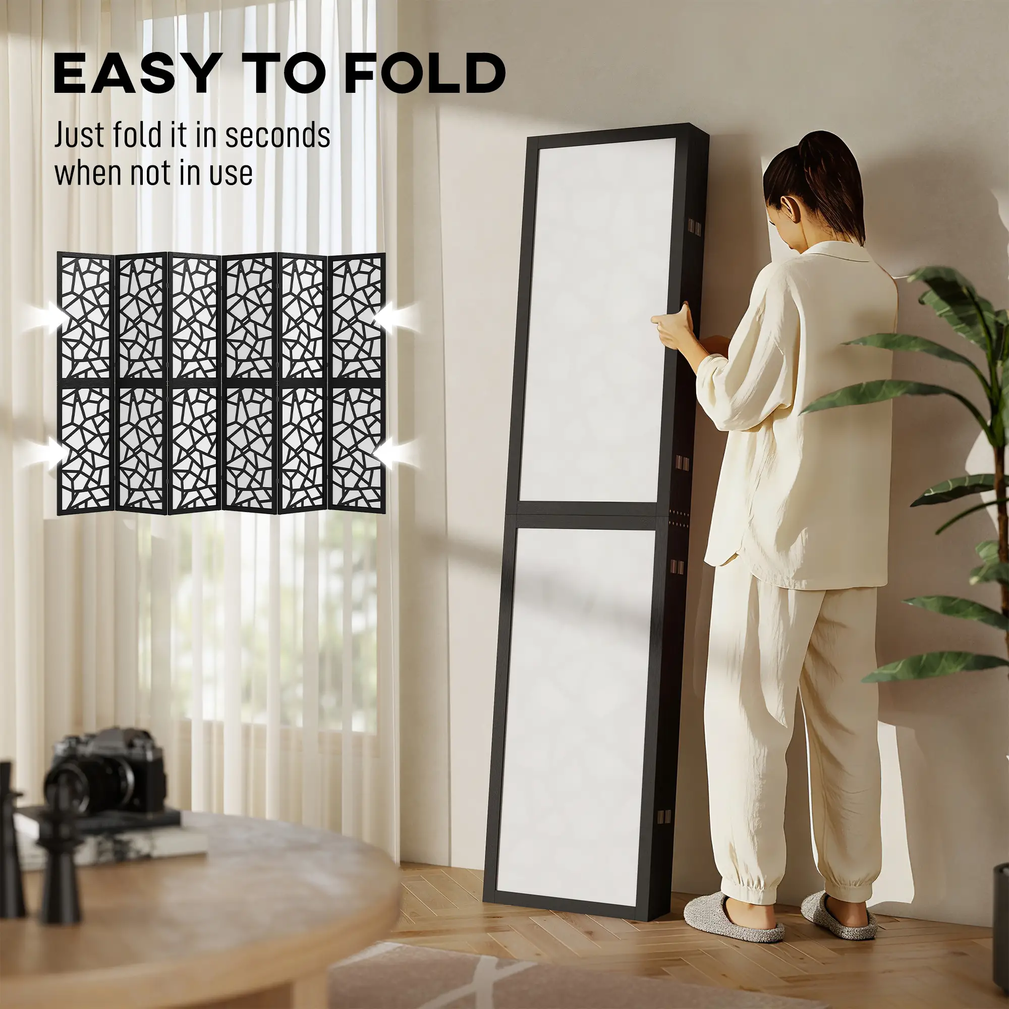 6 Panel Room Divider, 5.6 FT, Geometric Pattern Privacy Screen, Black - Image 6