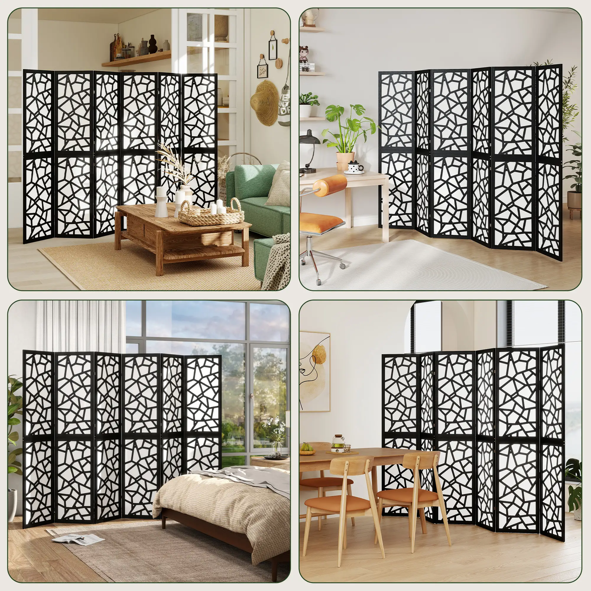 6 Panel Room Divider, 5.6 FT, Geometric Pattern Privacy Screen, Black - Image 7
