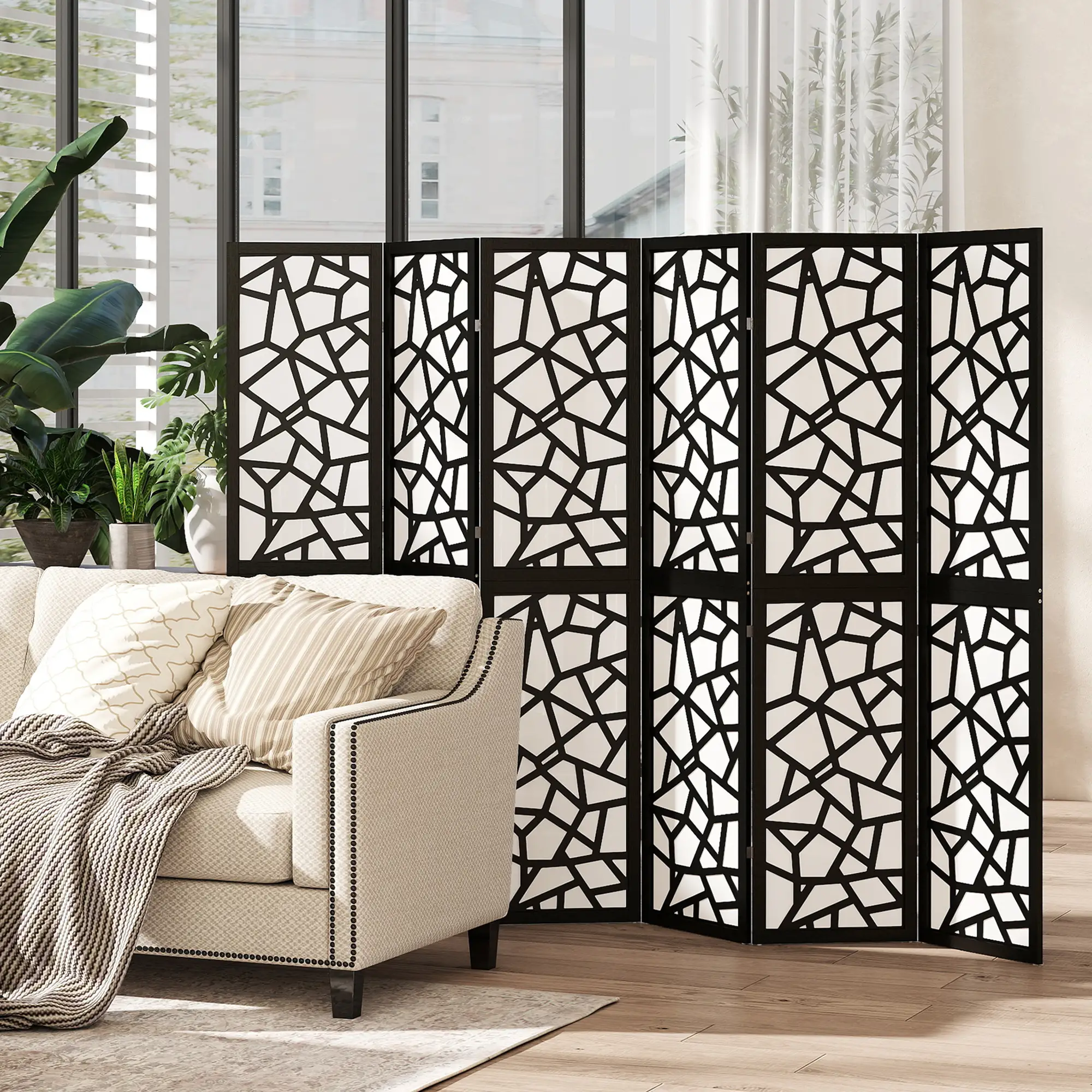 6 Panel Room Divider, 5.6 FT, Geometric Pattern Privacy Screen, Black - Image 8