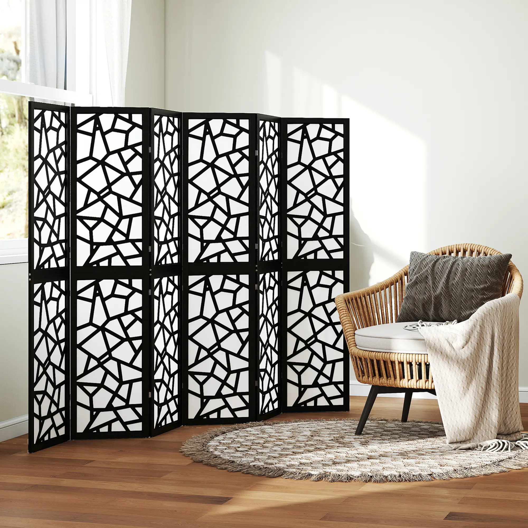 6 Panel Room Divider, 5.6 FT, Geometric Pattern Privacy Screen, Black - Image 9