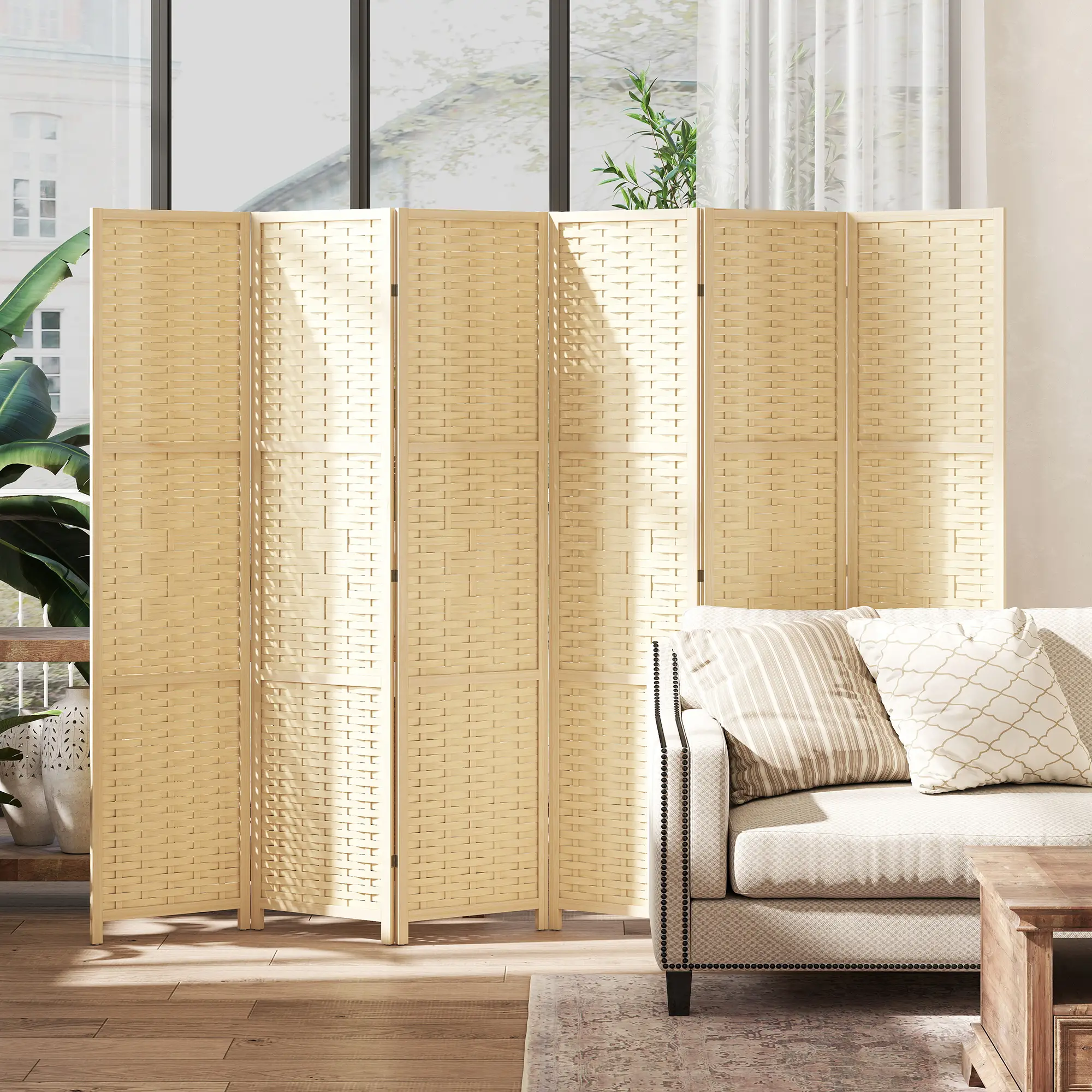 6-Panel Room Divider, 5.6 FT Freestanding Folding Privacy Screen, Natural Wood - Image 2
