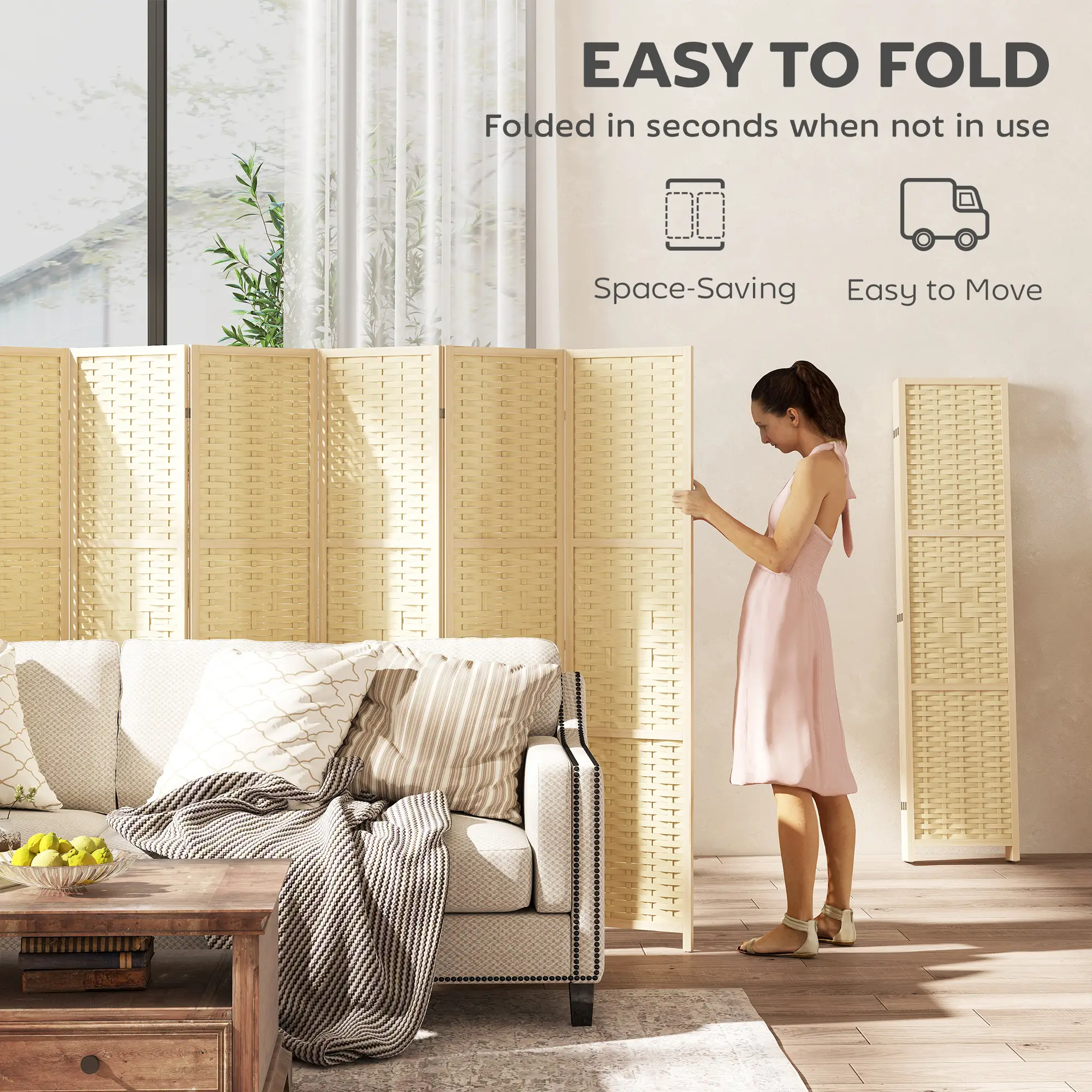 6-Panel Room Divider, 5.6 FT Freestanding Folding Privacy Screen, Natural Wood - Image 4
