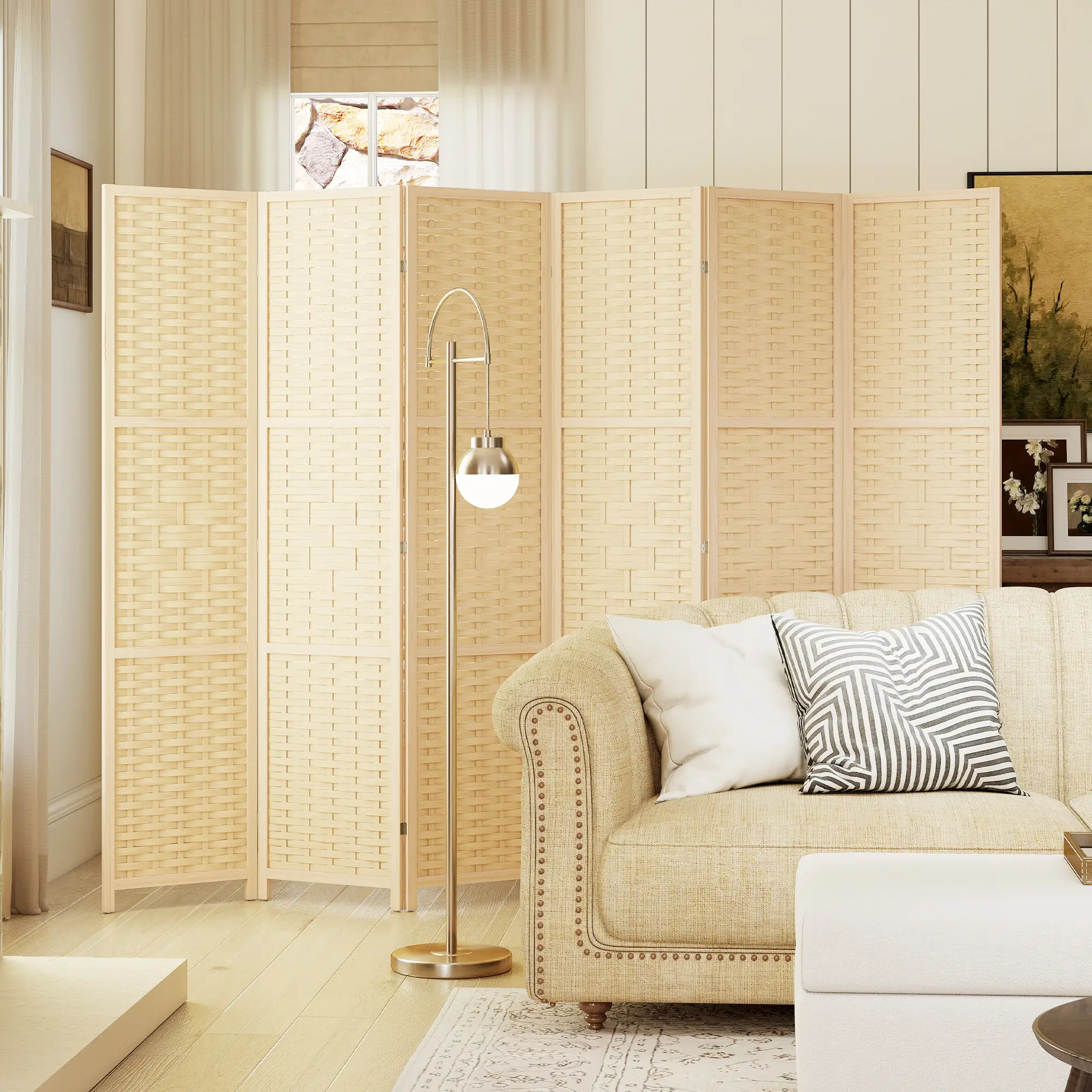 6-Panel Room Divider, 5.6 FT Freestanding Folding Privacy Screen, Natural Wood - Image 9